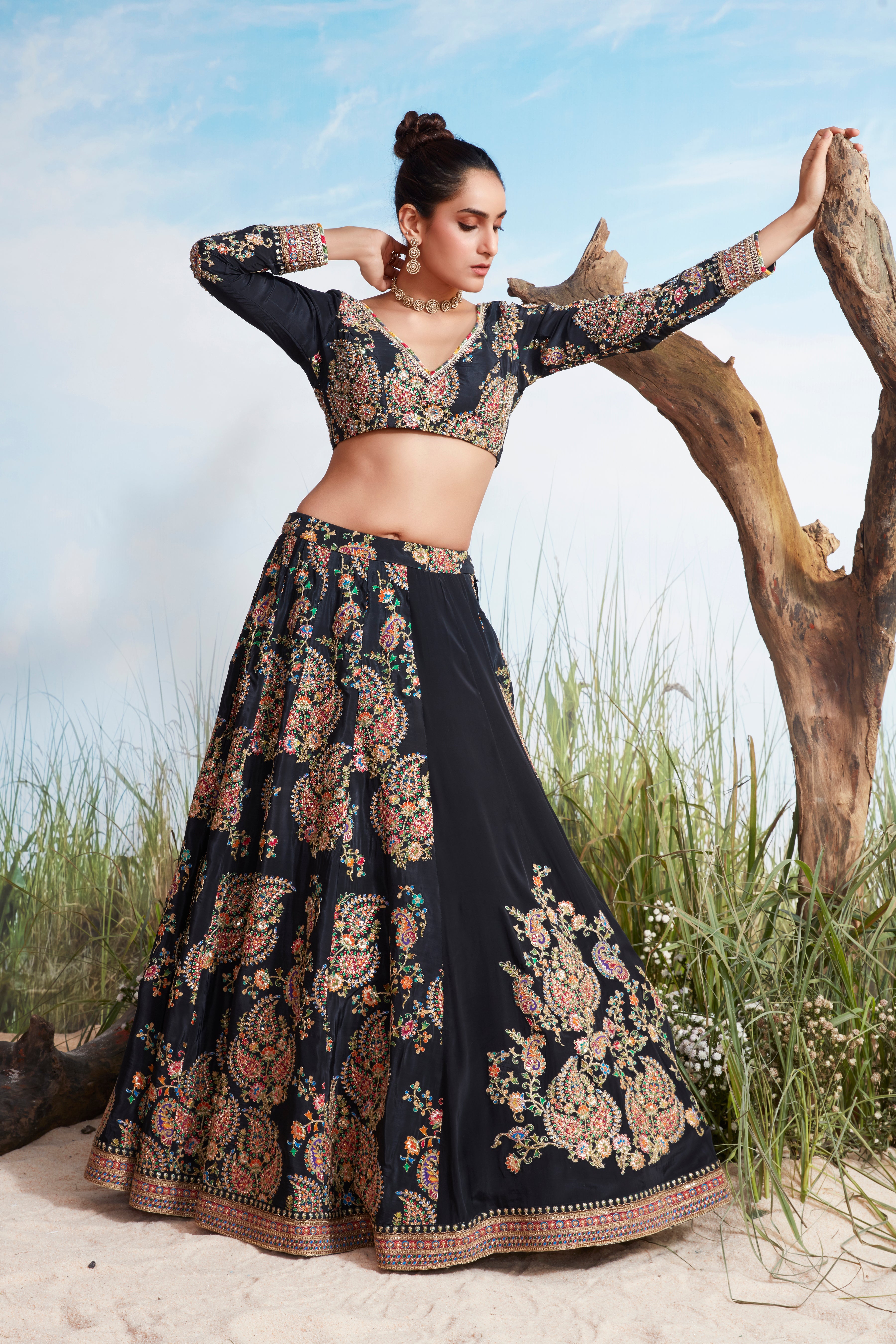 Bold Black Embellished Crepe Silk Lehenga Set