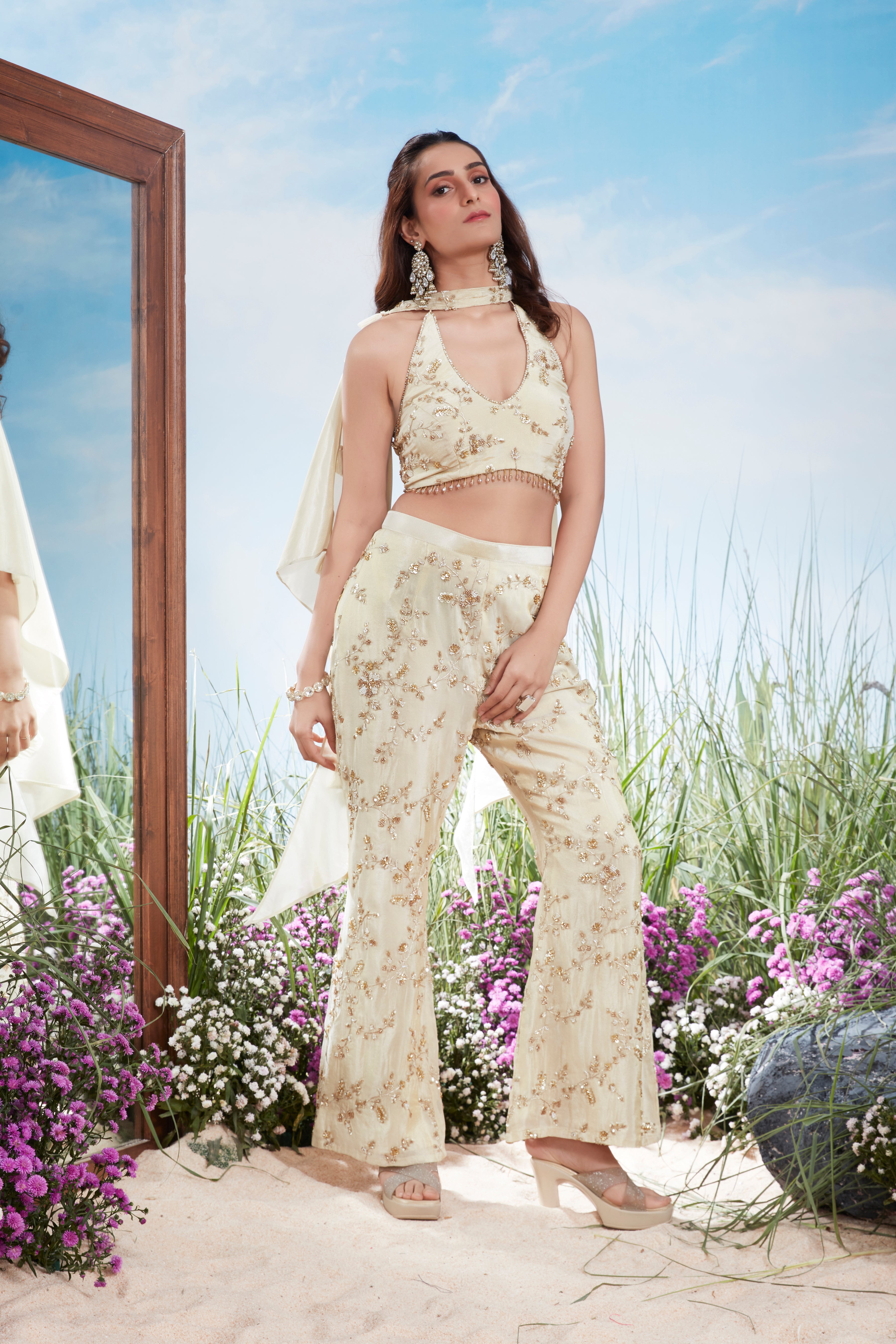 Cream Beige Embellished Uppada Silk Pant Set