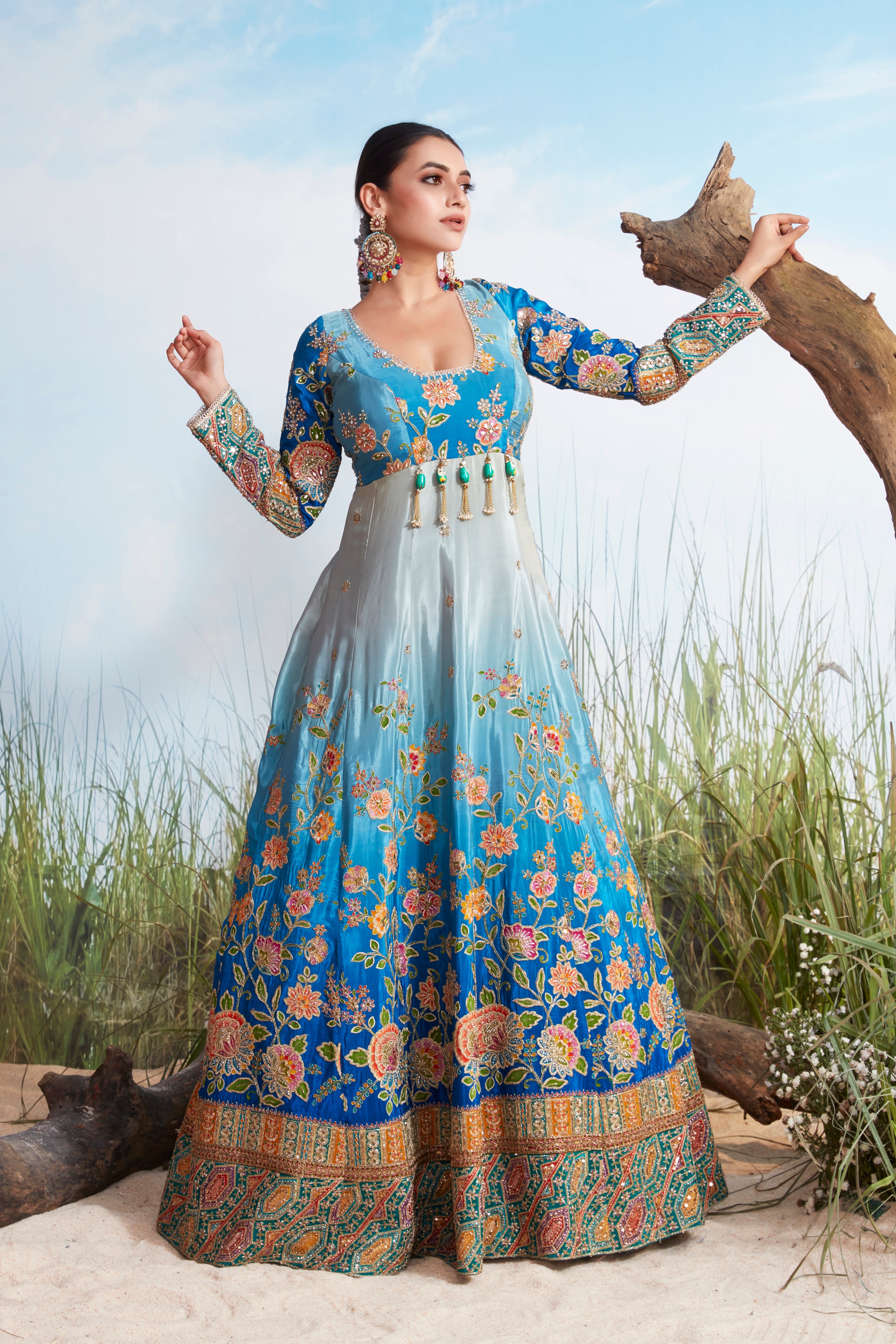 Ocean Blue Embellished Crepe Silk Anarkali Gown