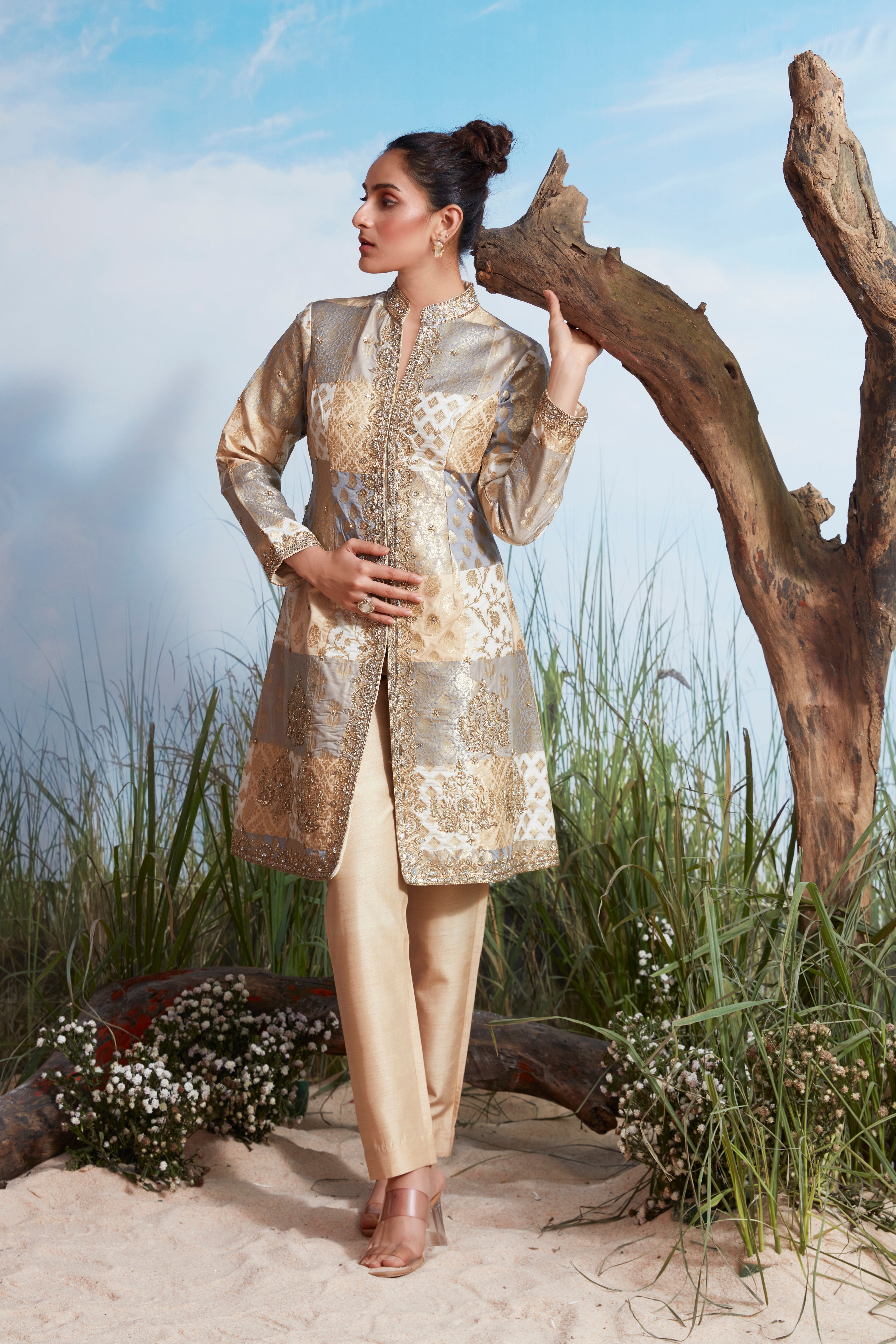 Antique Gold Embellished Brocade Silk Kurta Set
