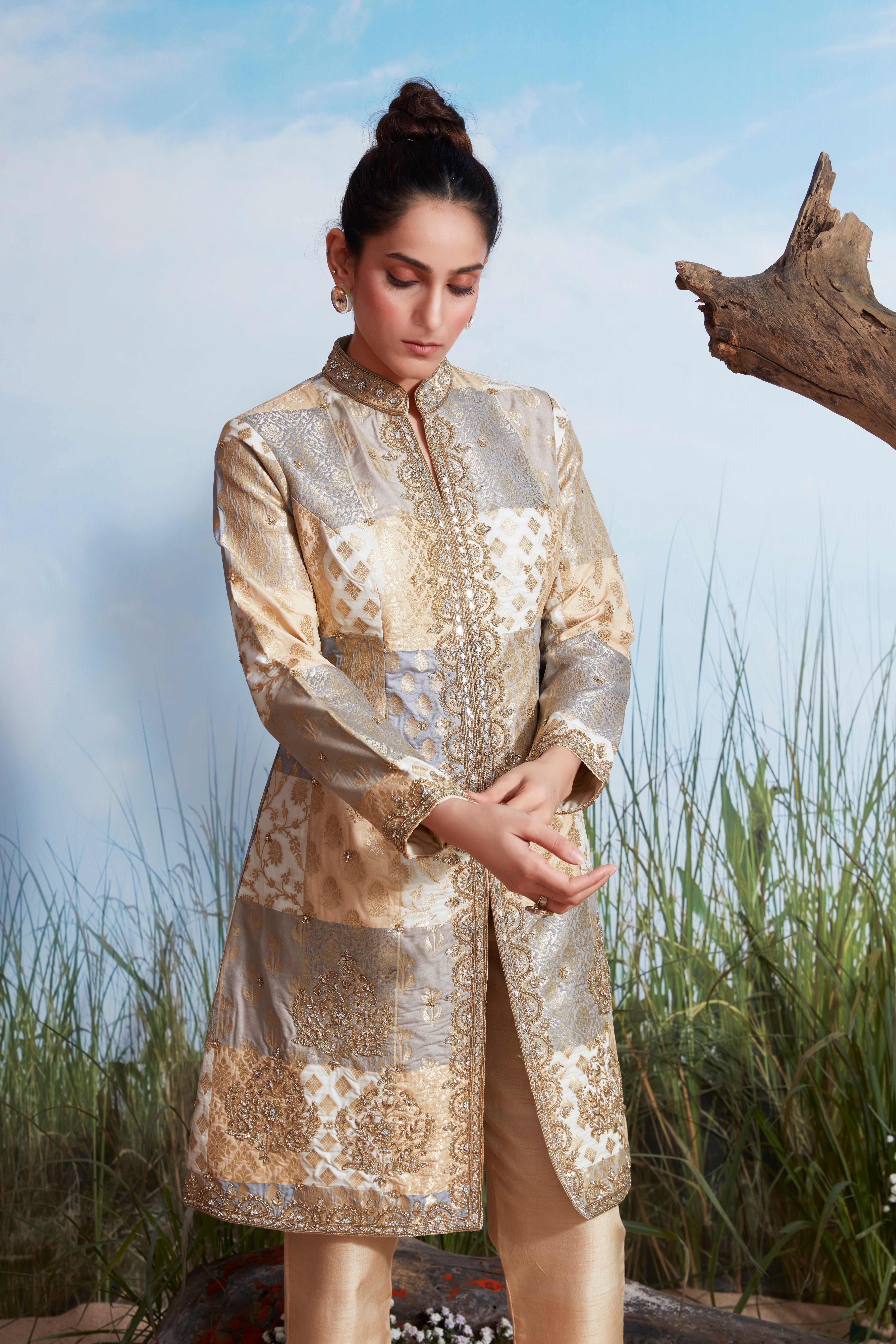 Antique Gold Embellished Brocade Silk Kurta Set