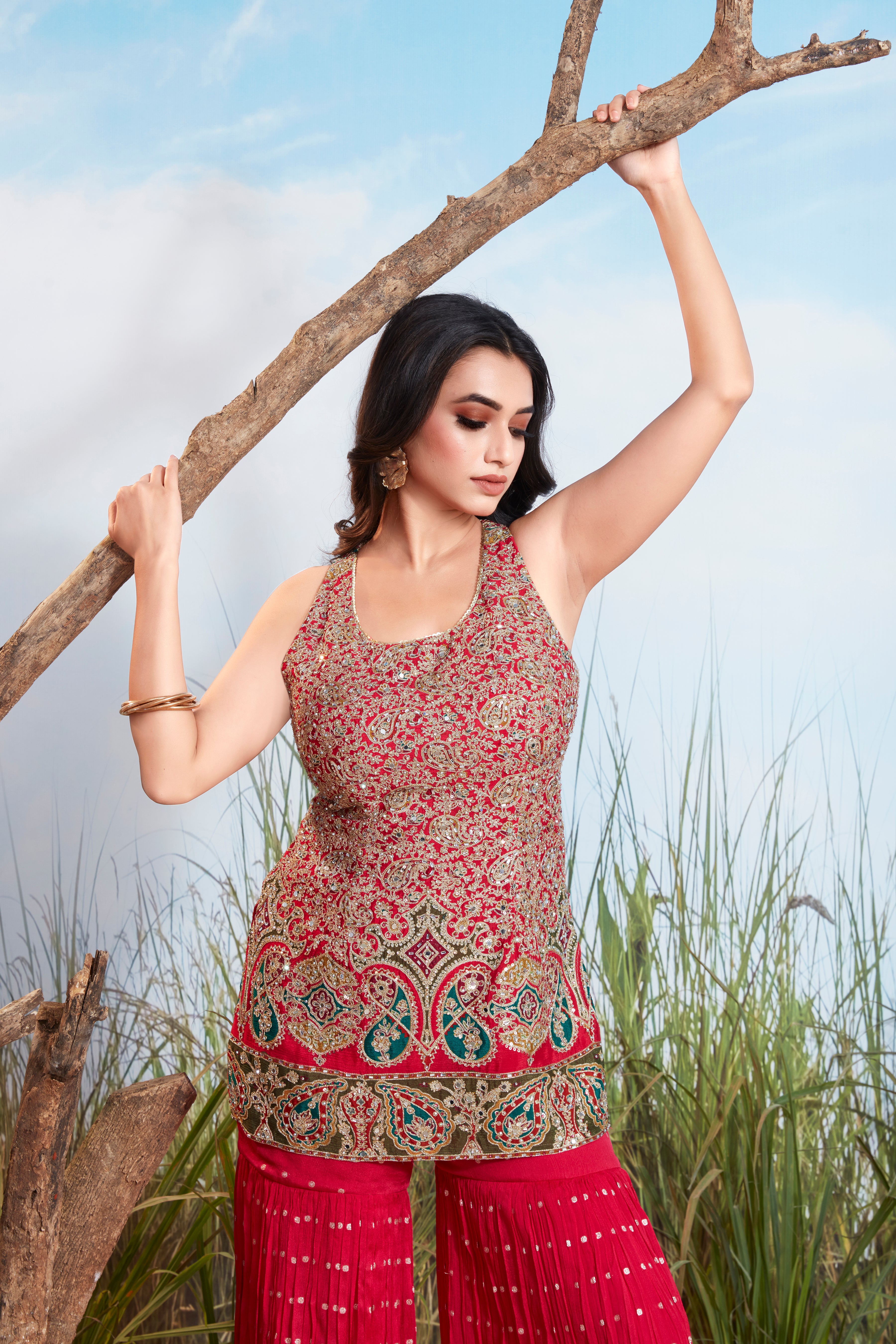 Vibrant Pink Embellished Chinon Silk Sharara Set