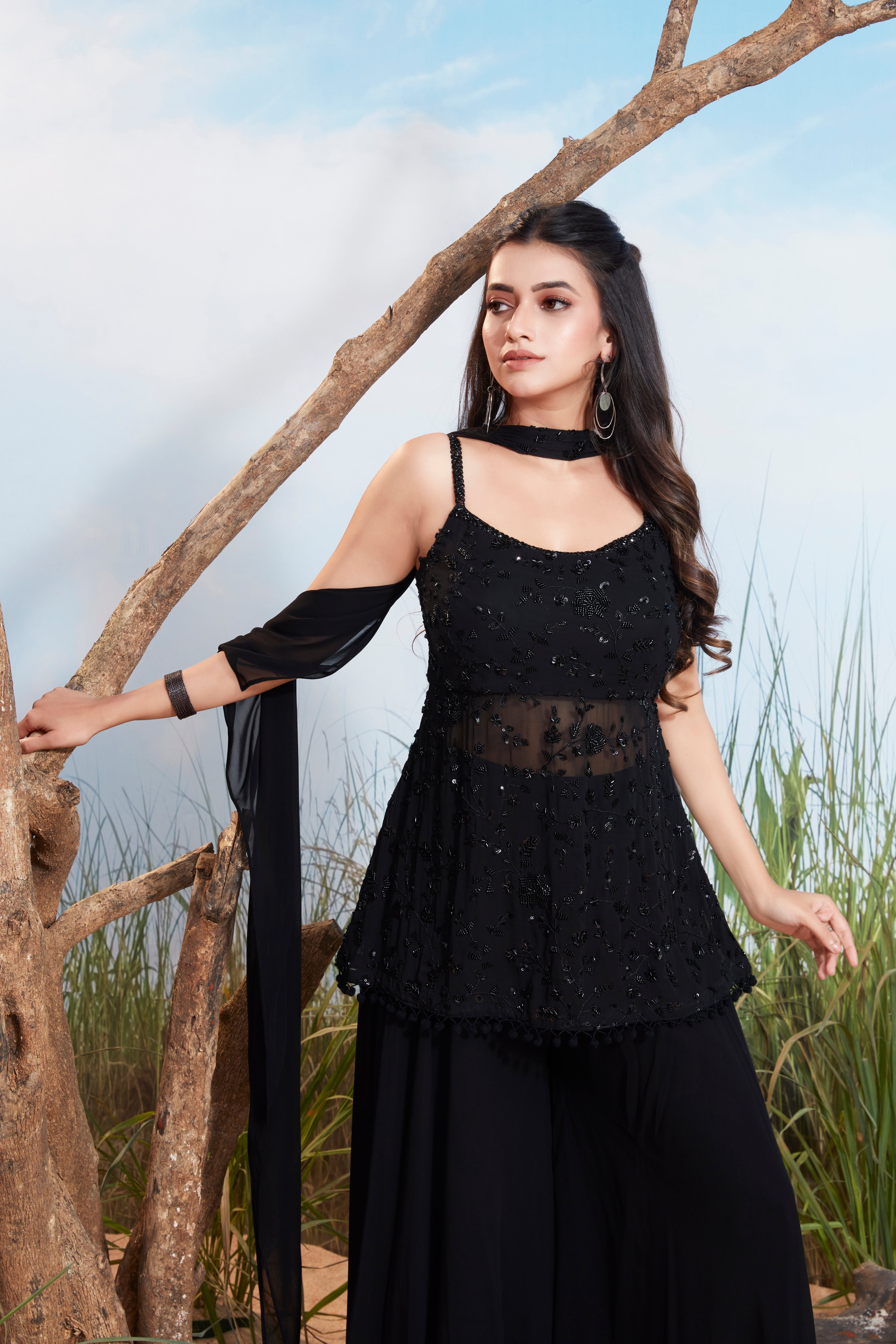 Deep Black Embellished Georgette Silk Palazzo Set