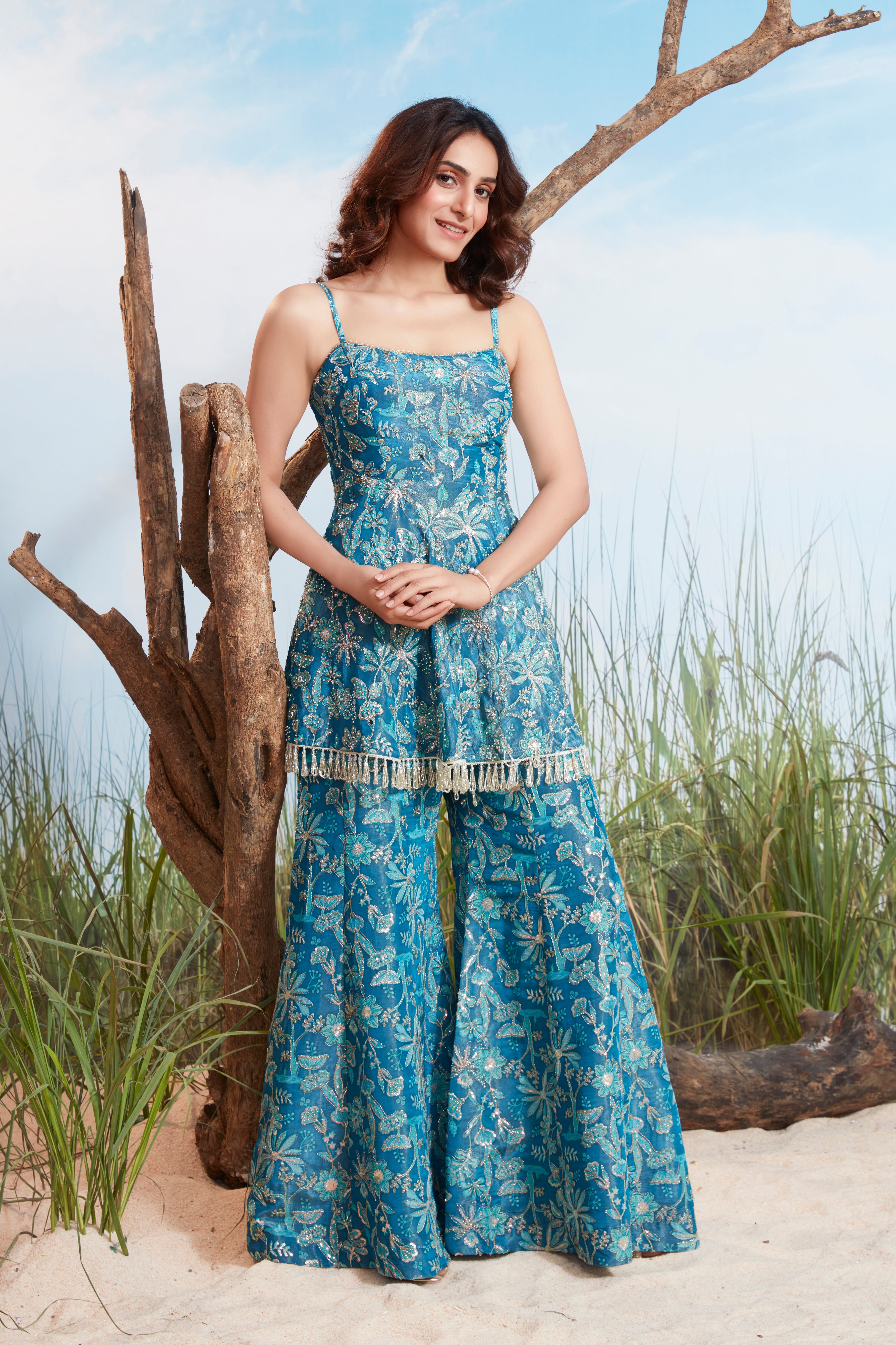 Ocean Blue Embellished Shimmer Tissue Silk Palazzo Set