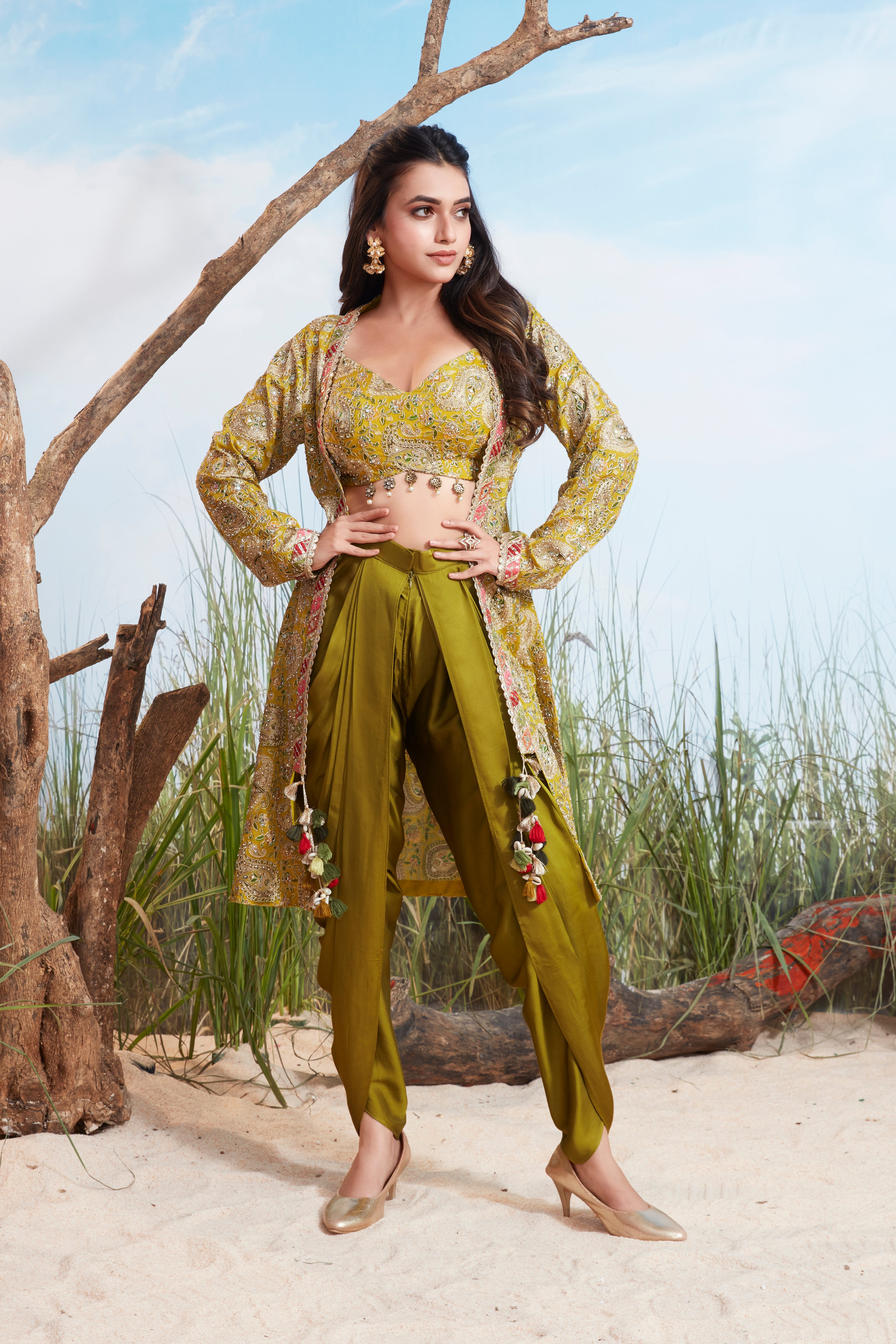 Lime Green Embellished Satin Silk Dhoti Set