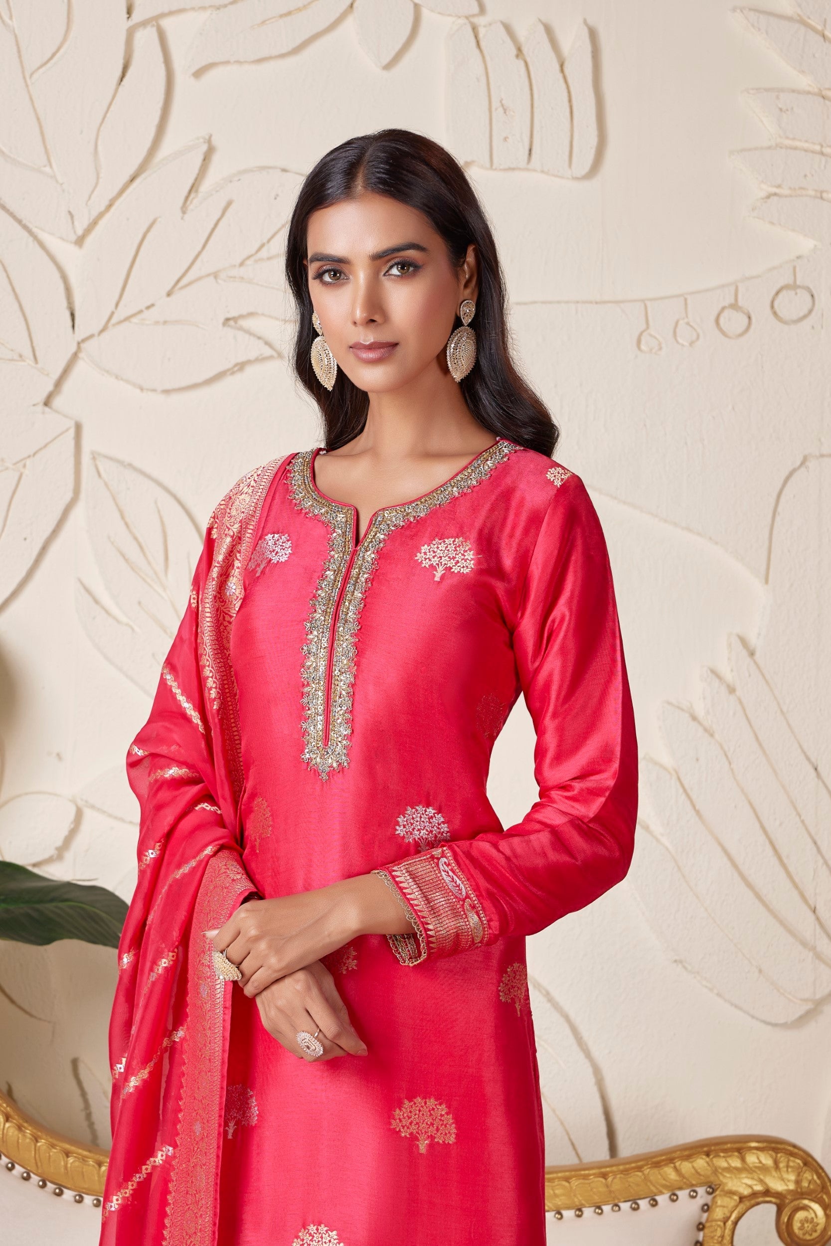 Salmon Pink Embellished Premium Silk Pant Set