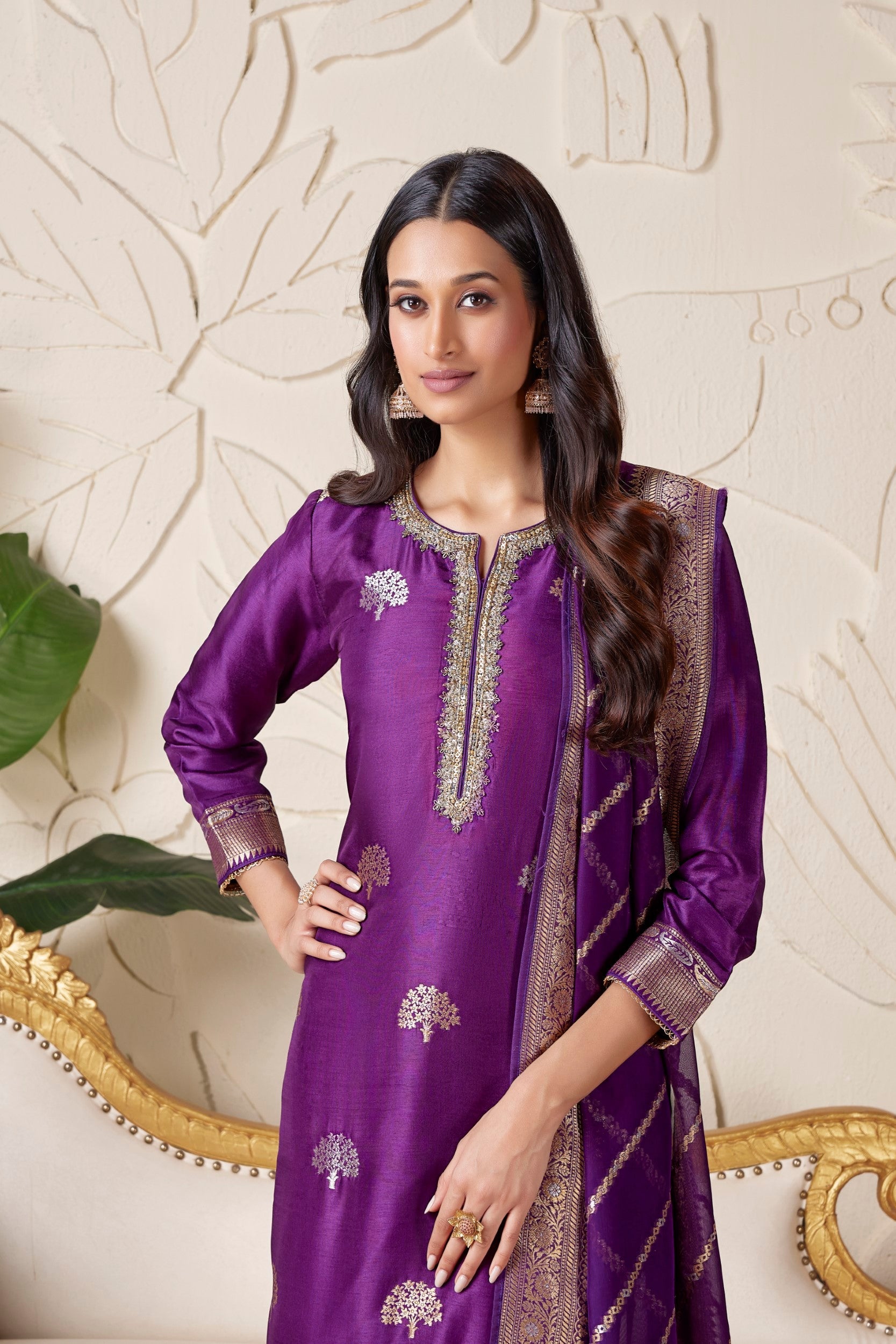 Deep Violet Embellished Premium Silk Pant Set