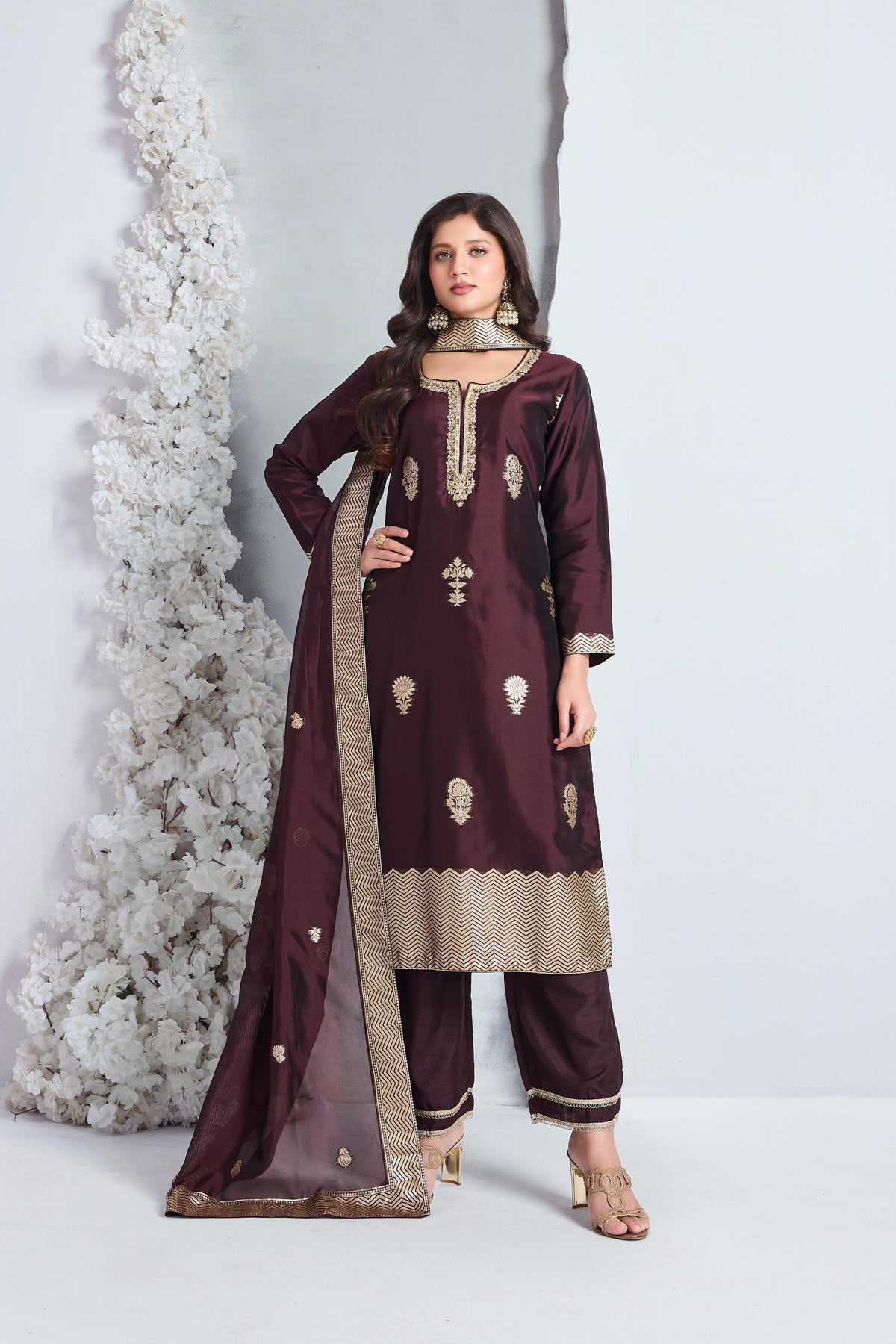 Deep Wine Embellished Viscose Silk Pant Set