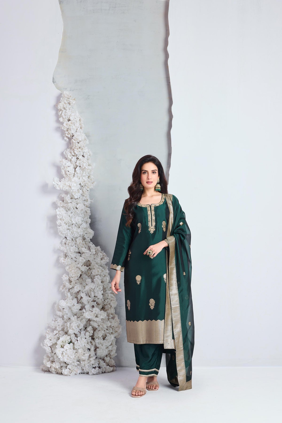 Emerald Green Embellished Viscose Silk Pant Set