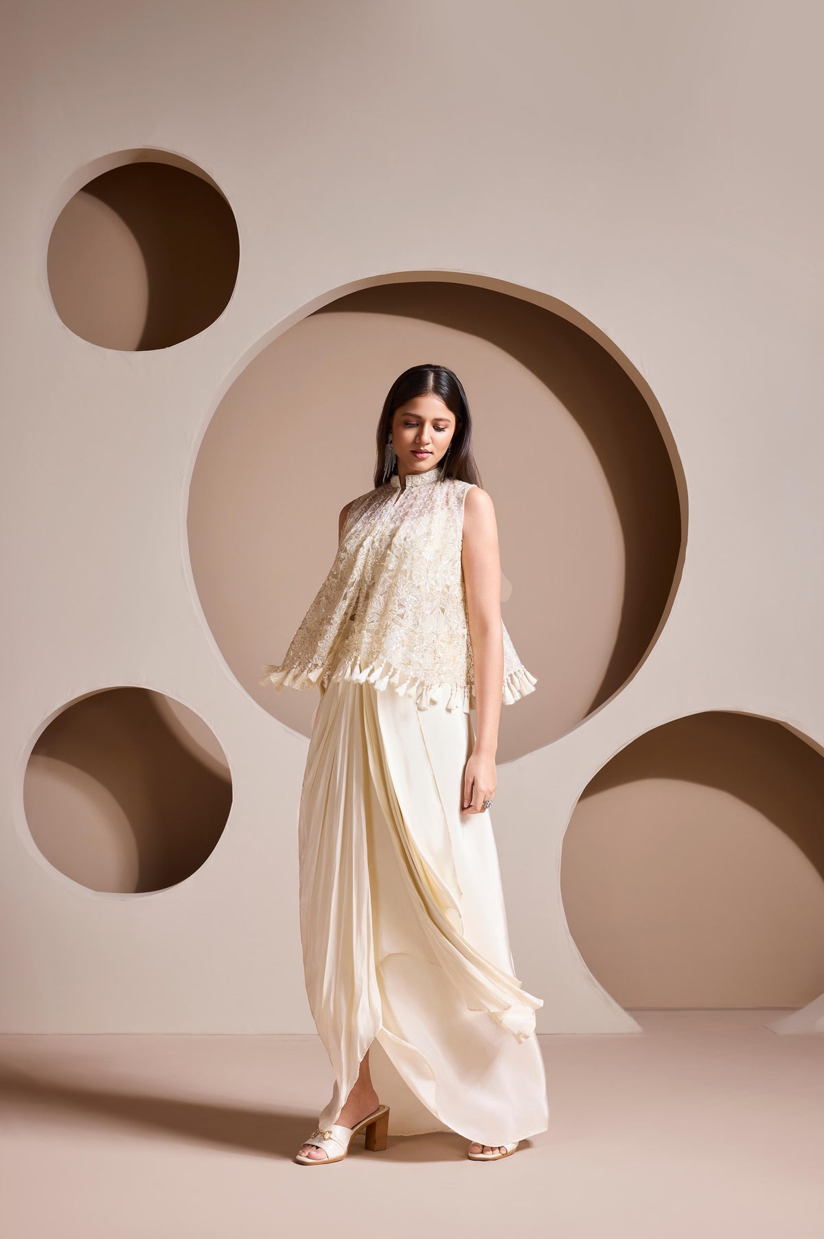 Champagne Cream Embellished Satin Silk Skirt Set
