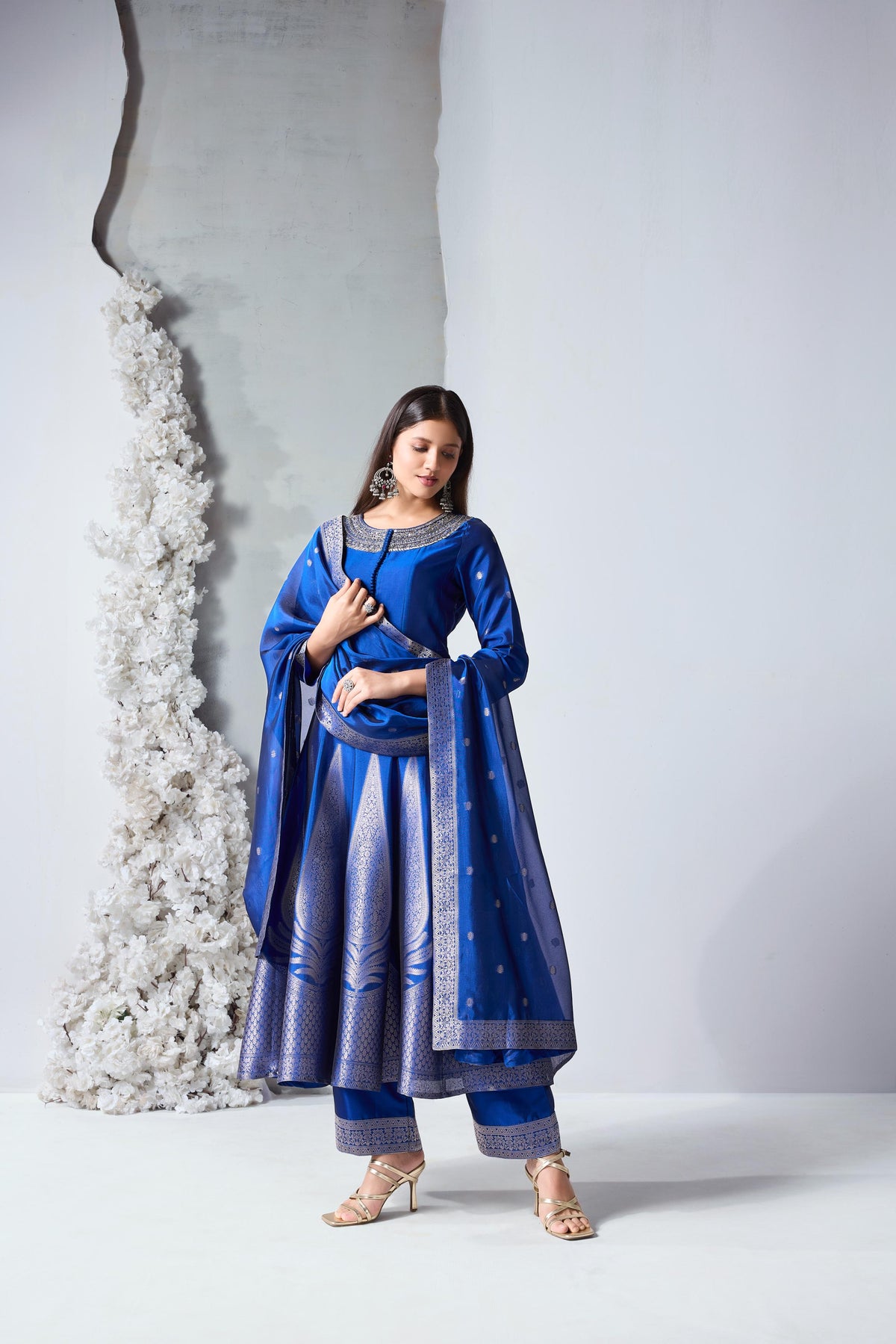 Royal Blue Embellished Viscose Silk Anarkali Set