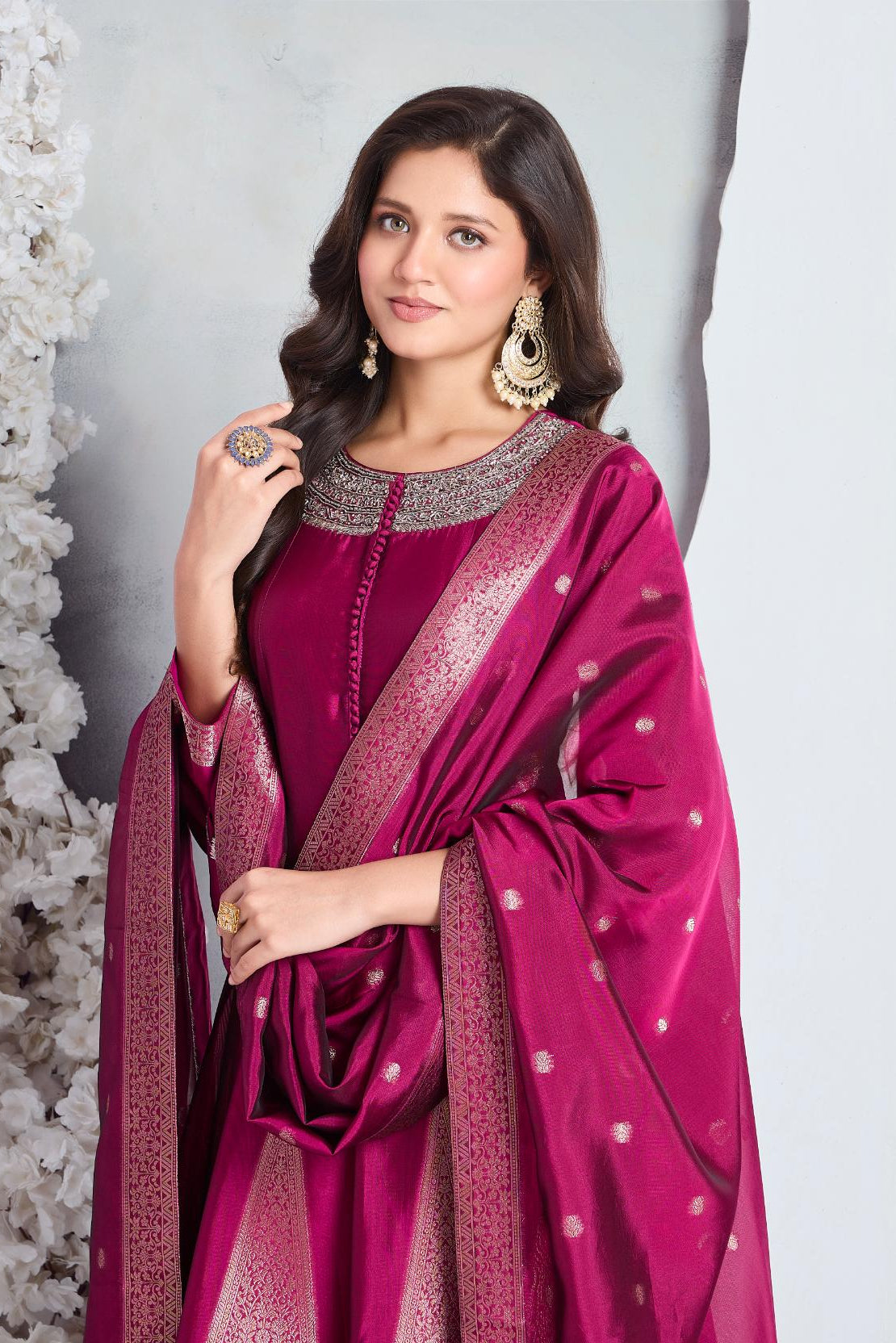 Royal Fuchsia Embellished Viscose Silk Anarkali Set