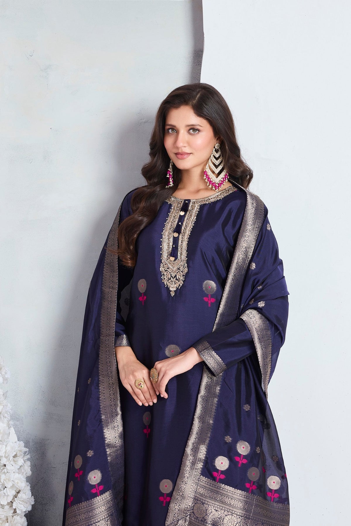 Ink Blue Embellished Viscose Silk Pant Set