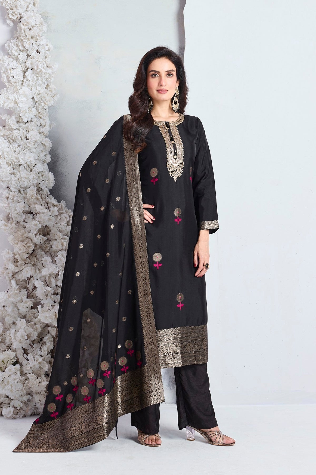 Jet Black Embellished Viscose Silk Pant Set