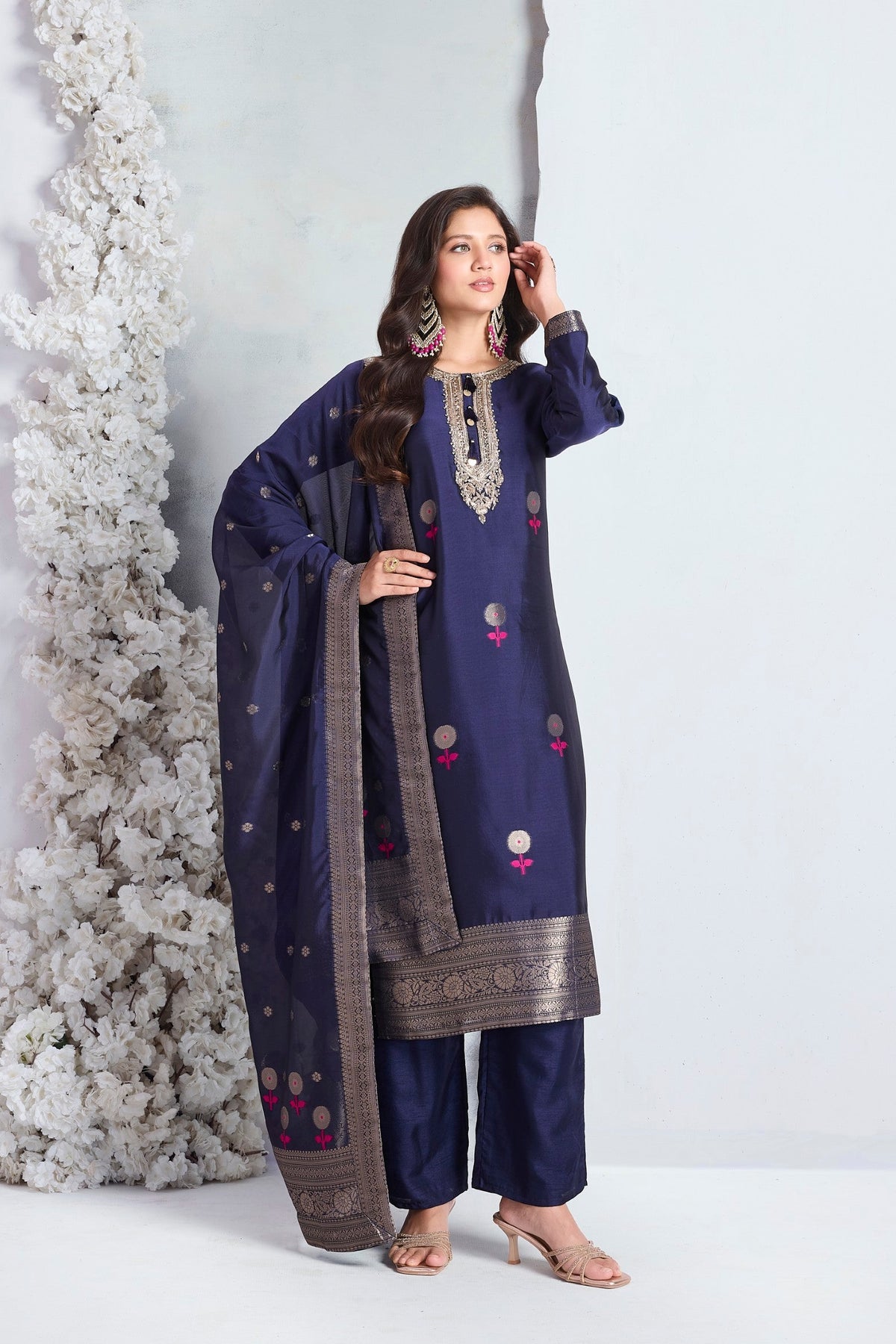 Ink Blue Embellished Viscose Silk Pant Set