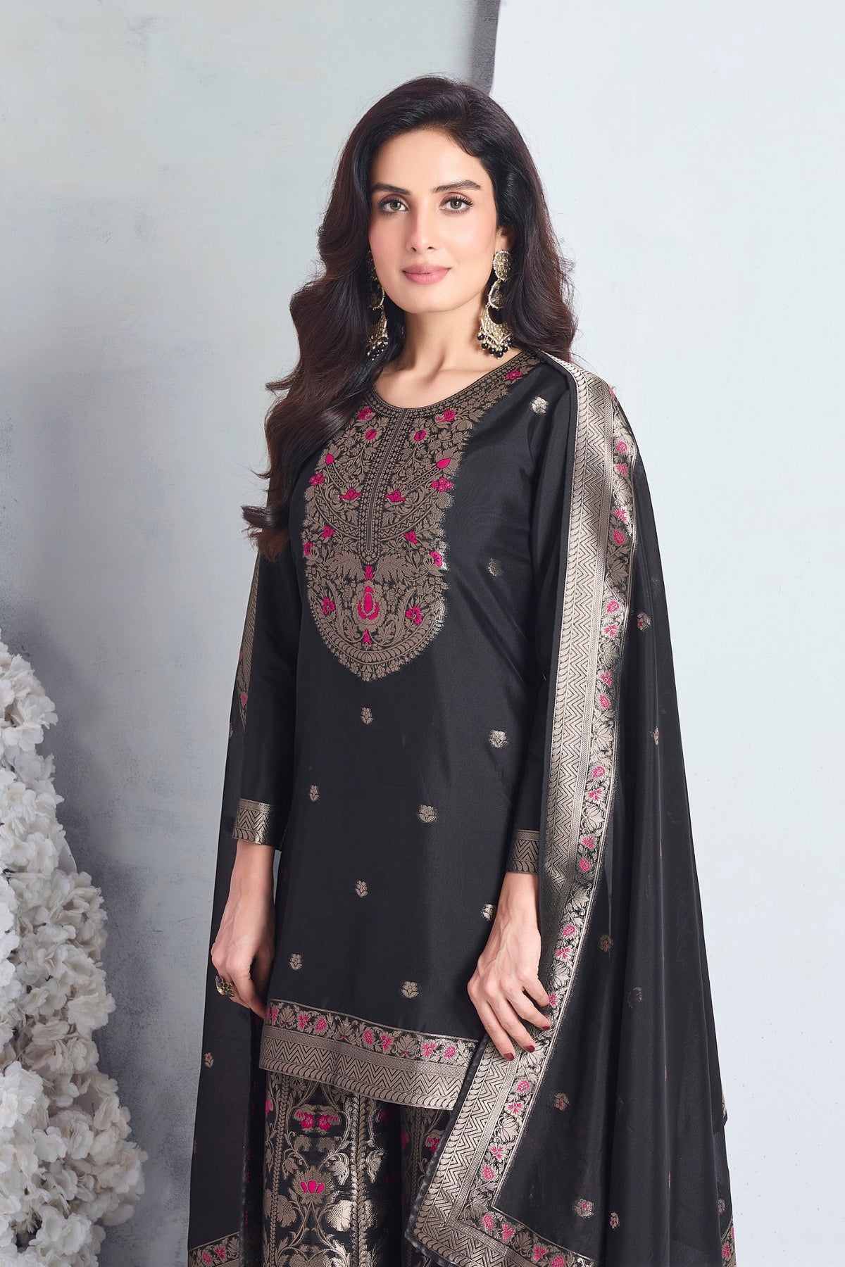 Jet Black Embellished Viscose Silk Palazzo Set