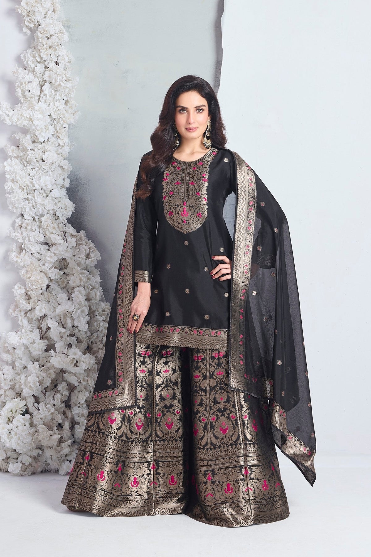 Jet Black Embellished Viscose Silk Palazzo Set