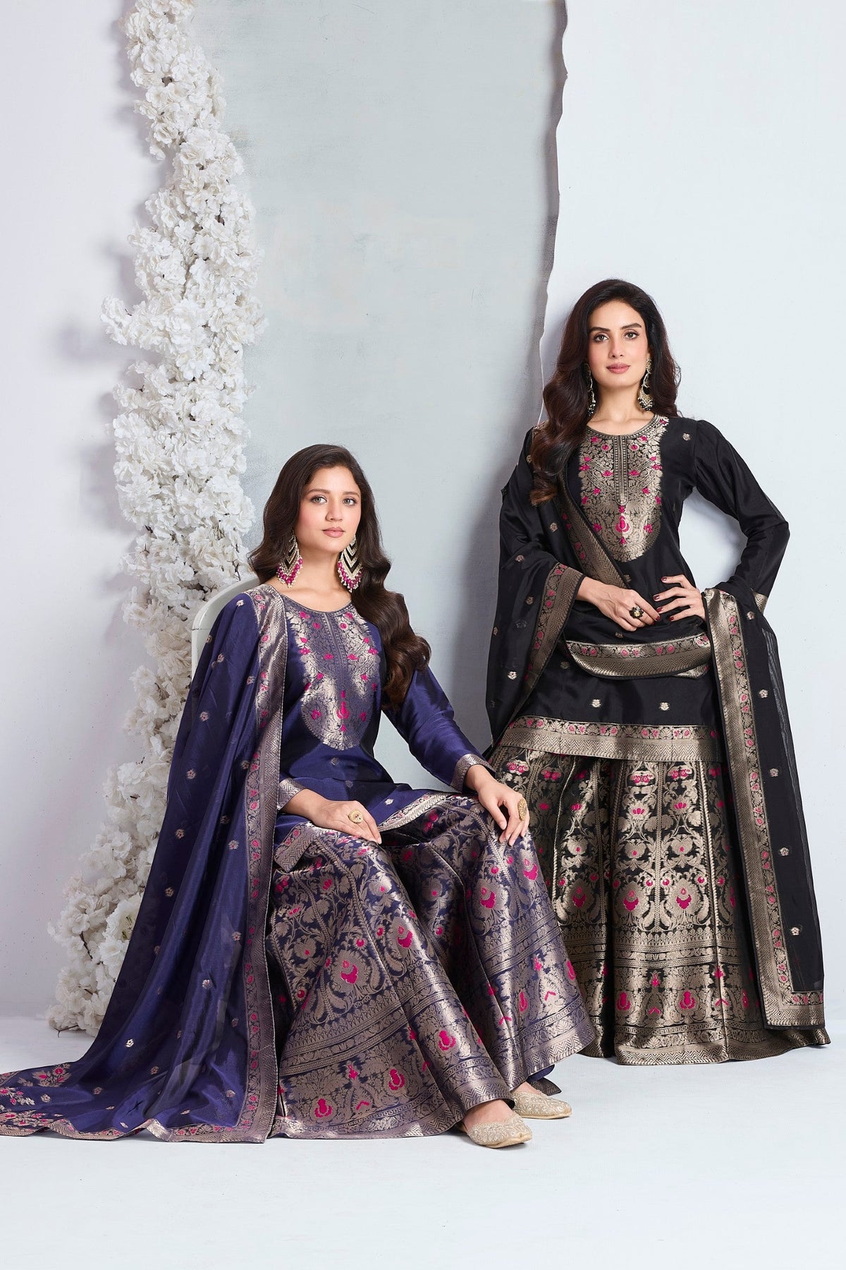 Midnight Blue Embellished Viscose Silk Palazzo Set