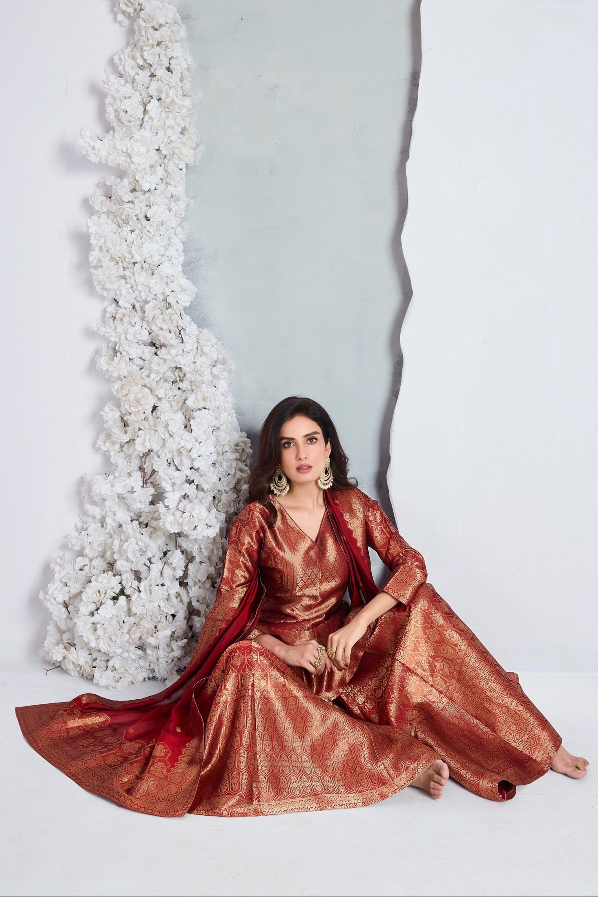 Crimson Red Embellished Viscose Silk Palazzo Set