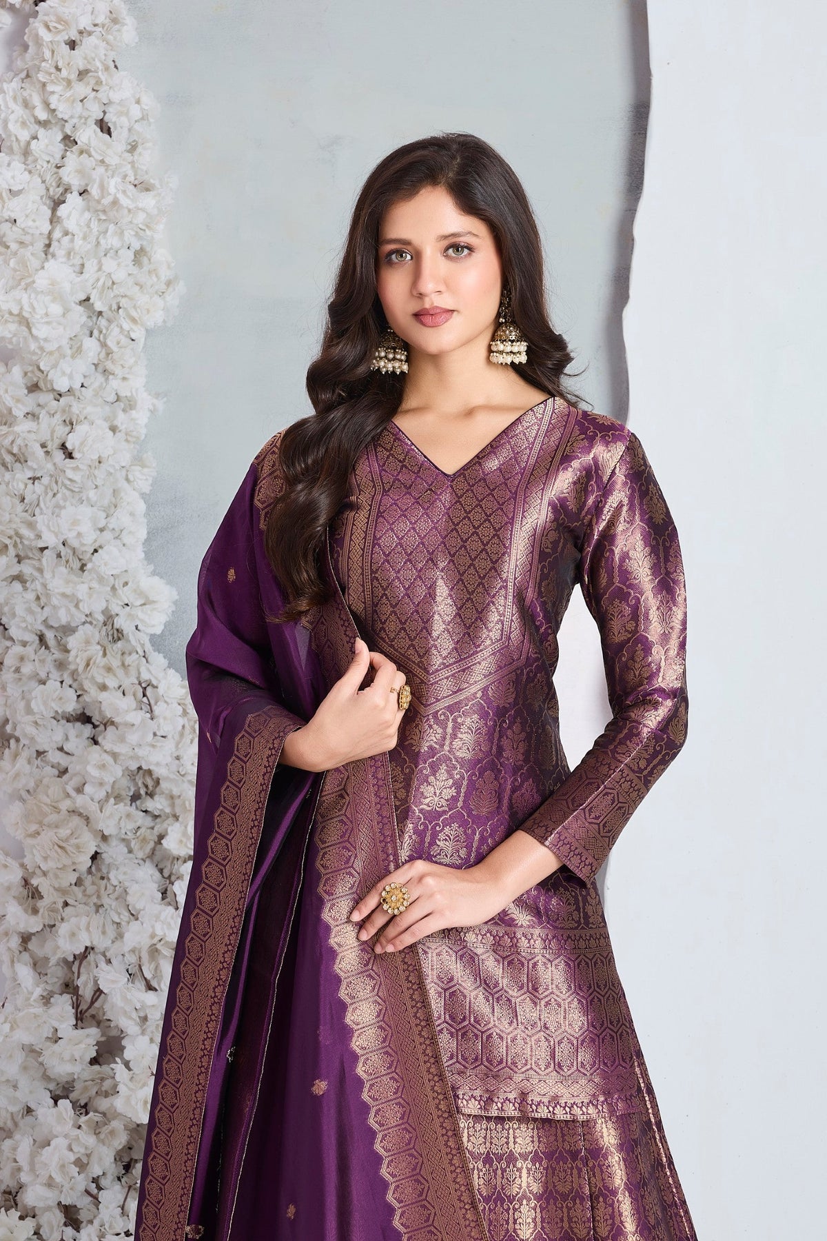Regal Plum Embellished Viscose Silk Palazzo Set