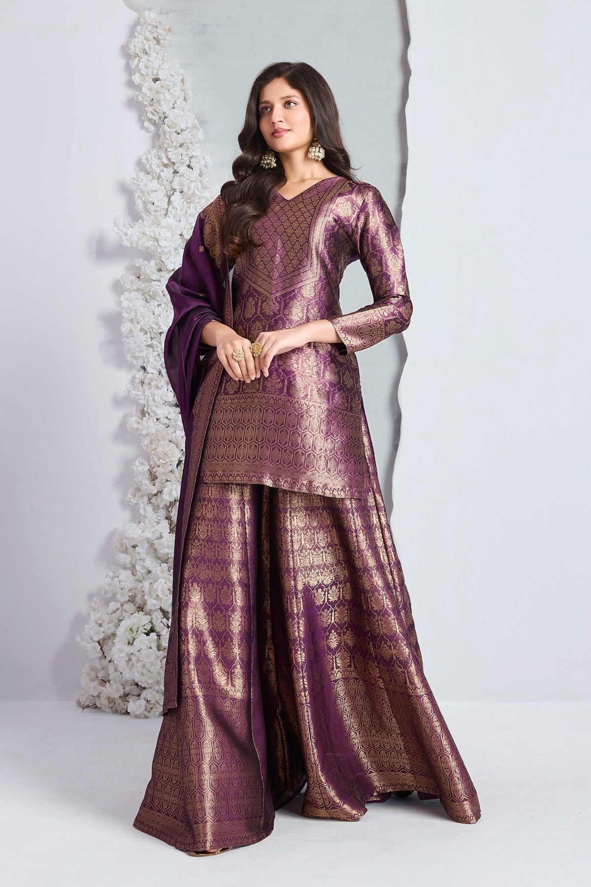 Regal Plum Embellished Viscose Silk Palazzo Set