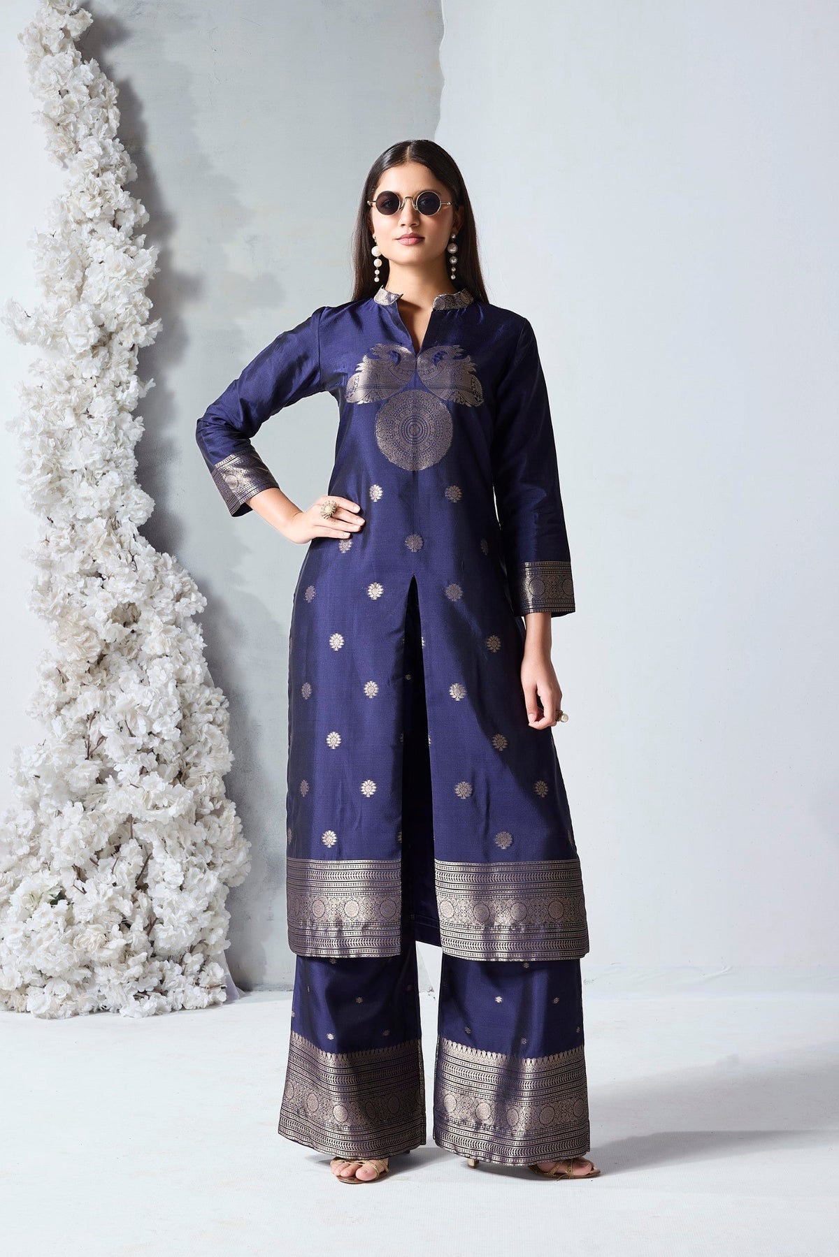 Navy Blue Embellished Viscose Silk Kurta Set