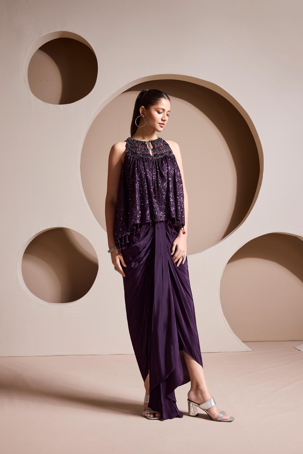 Elegant Purple Embellished Premium Silk Skirt Set