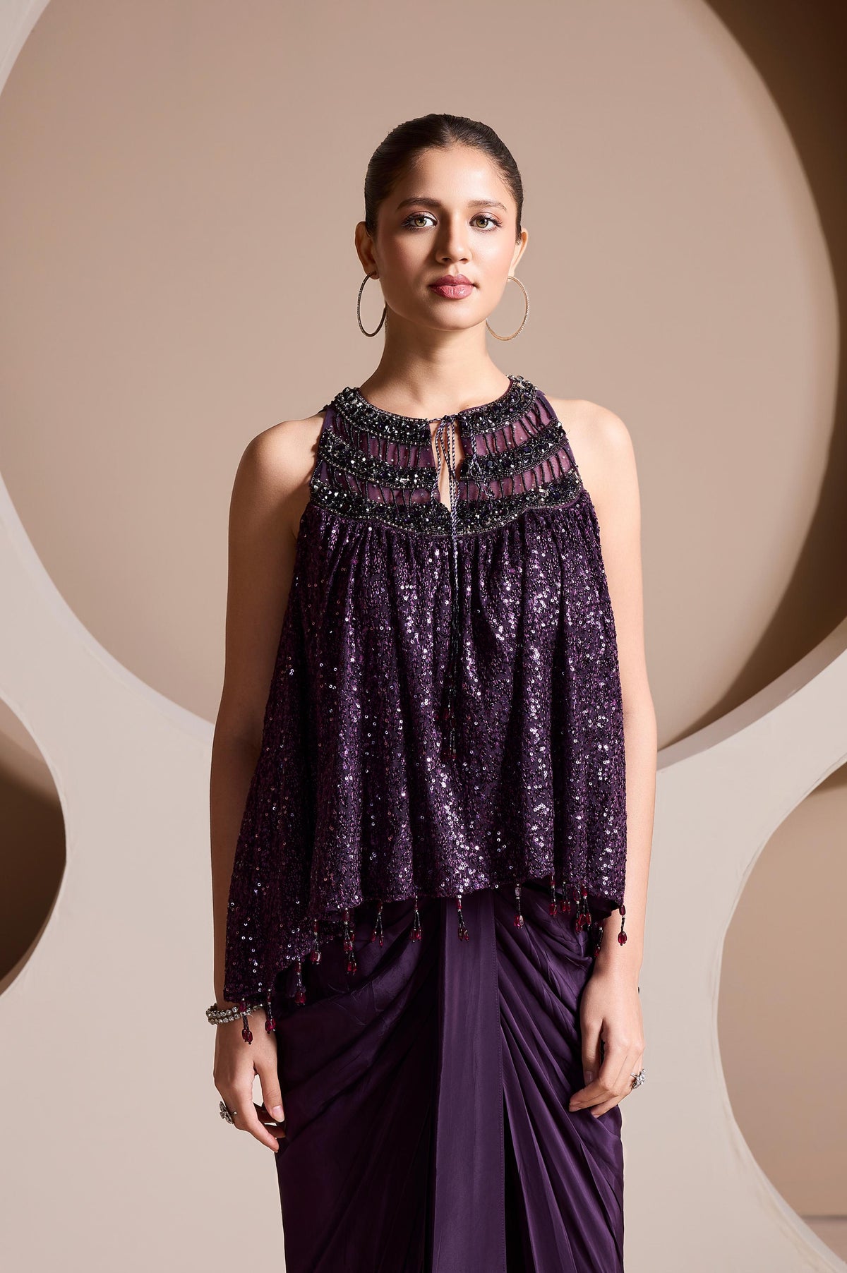 Elegant Purple Embellished Premium Silk Skirt Set