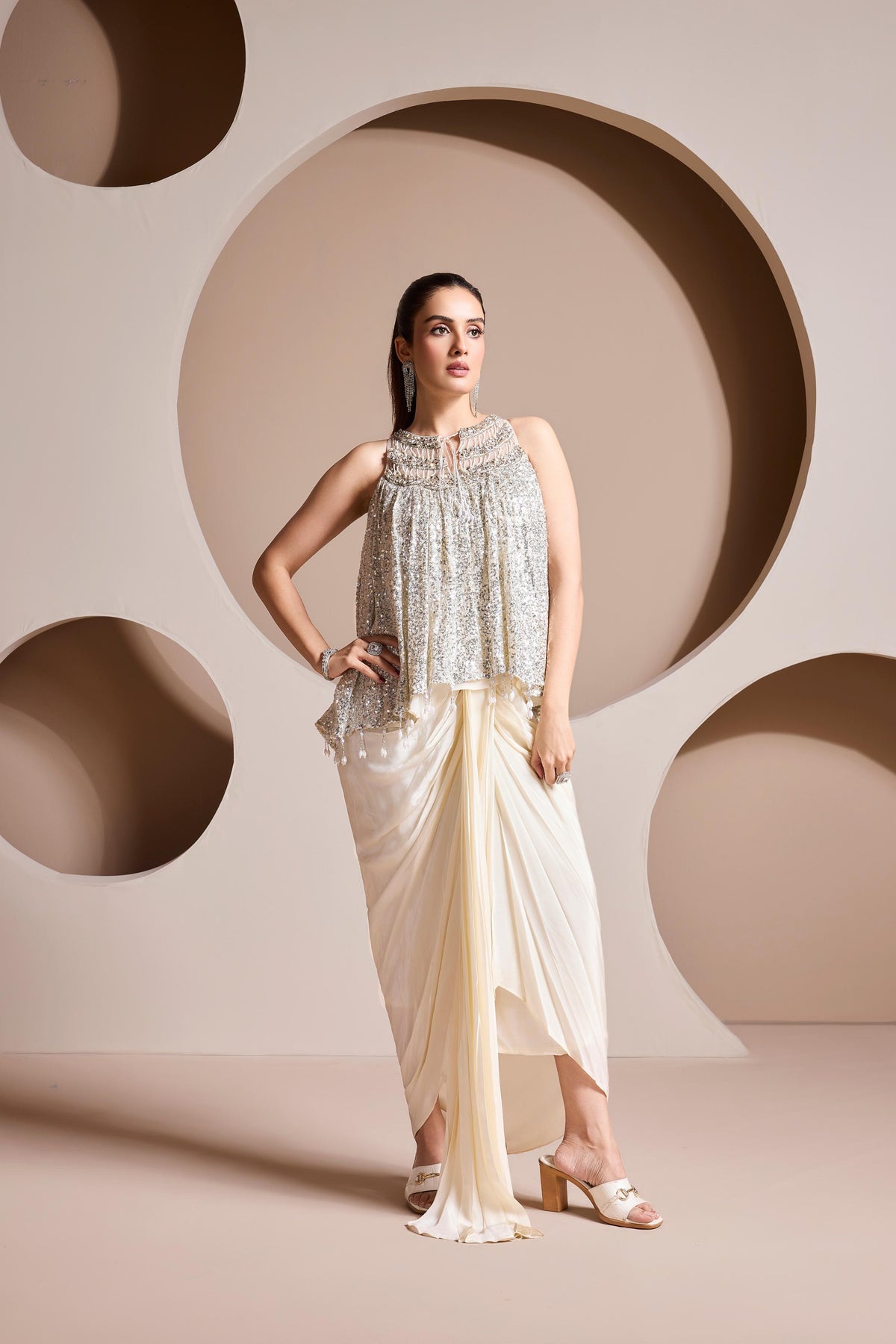 Elegant Cream Embellished Premium Silk Skirt Set
