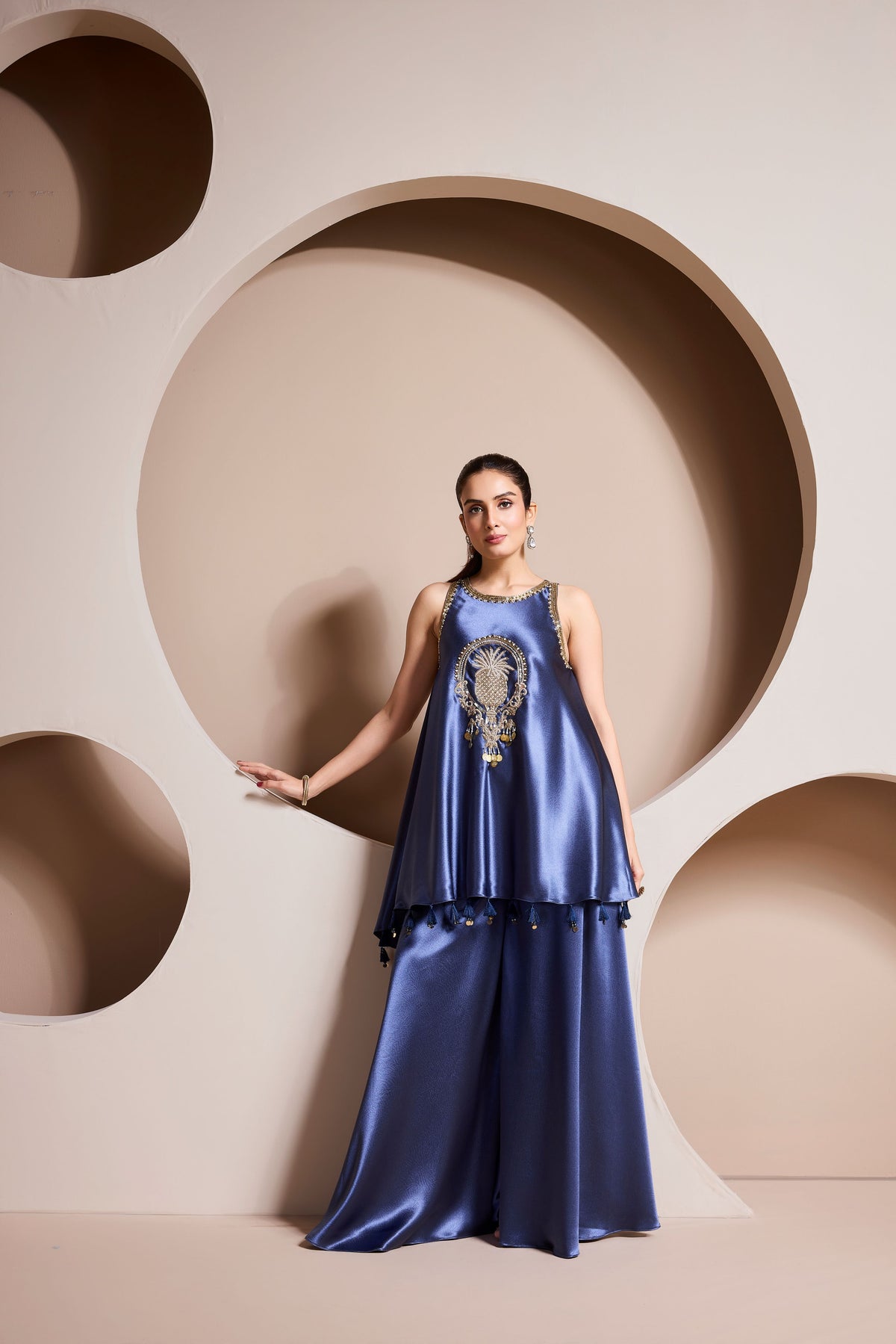 Blue Ocean Embellished Satin Silk Palazzo Set
