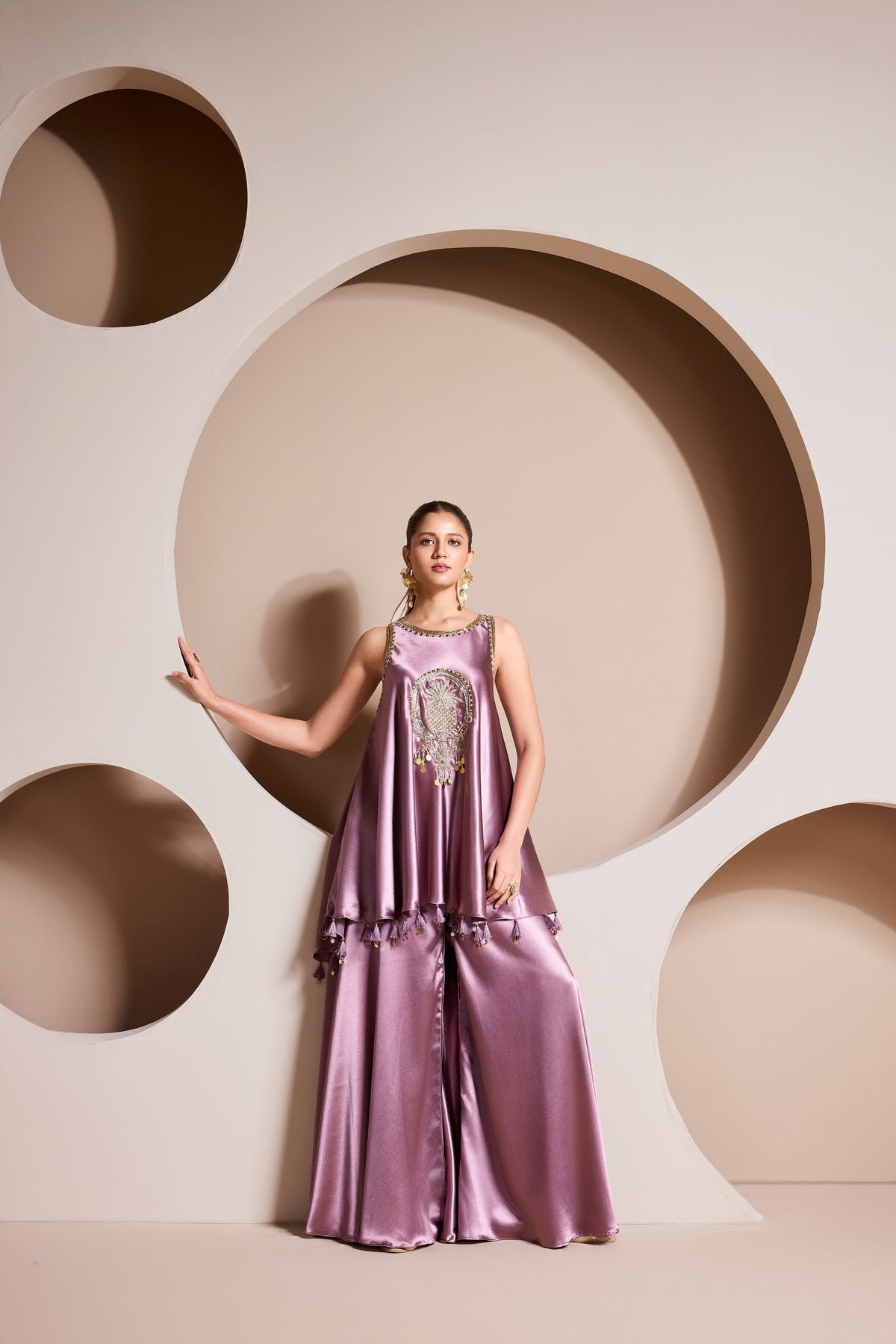 Powder Lilac Embellished Satin Silk Palazzo Set