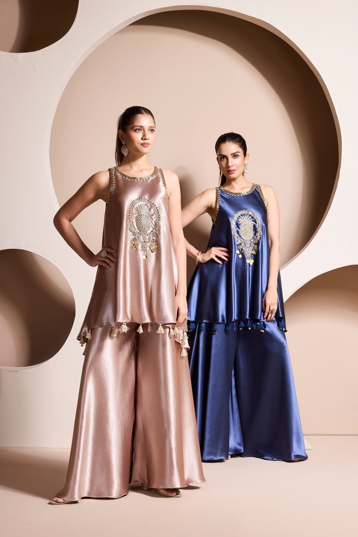 Rose Gold Embellished Satin Silk Palazzo Set