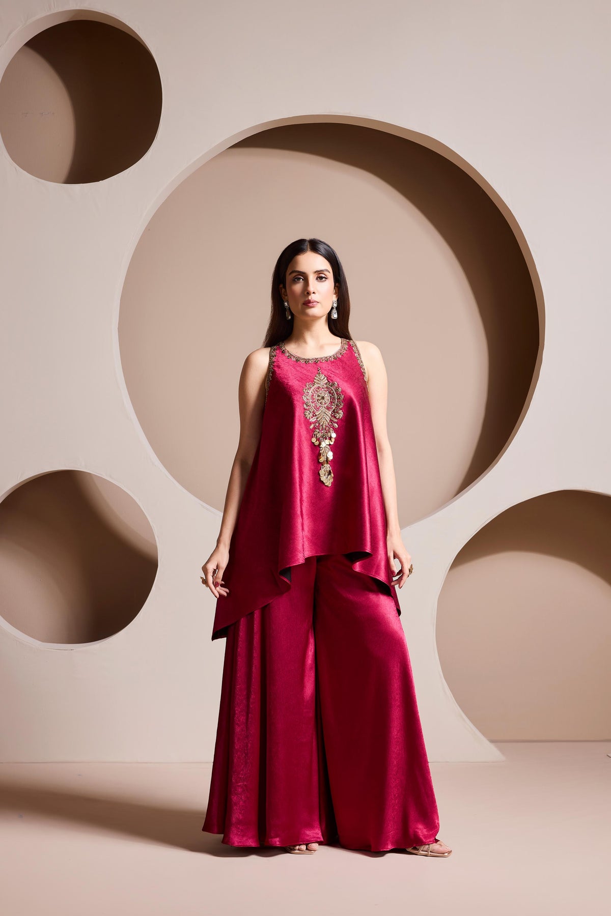 Magenta Embellished Satin Silk Palazzo Set