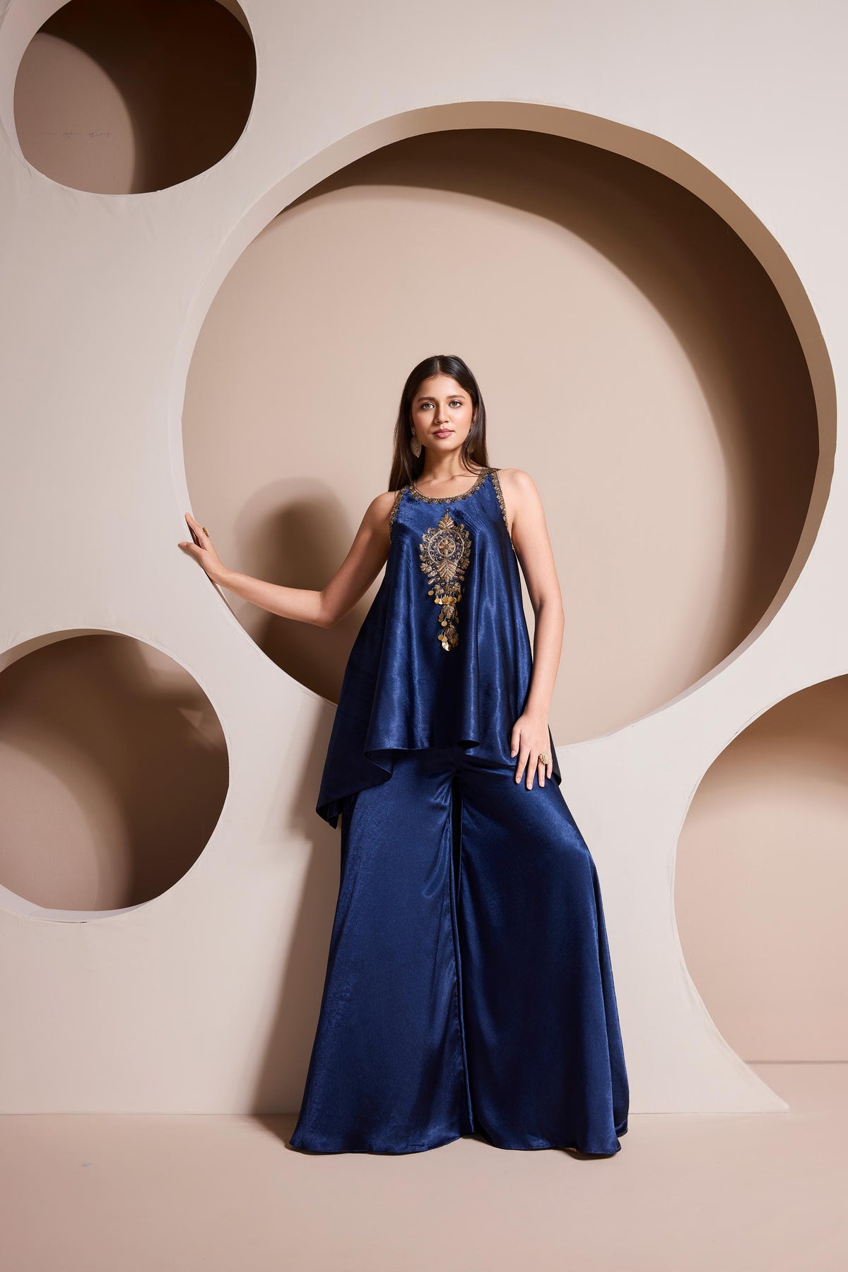 Cerulean Embellished Satin Silk Palazzo Set