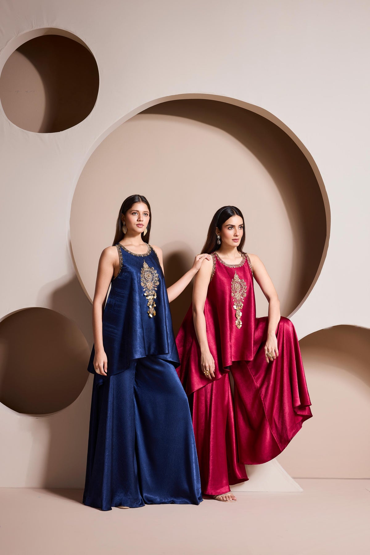 Cerulean Embellished Satin Silk Palazzo Set
