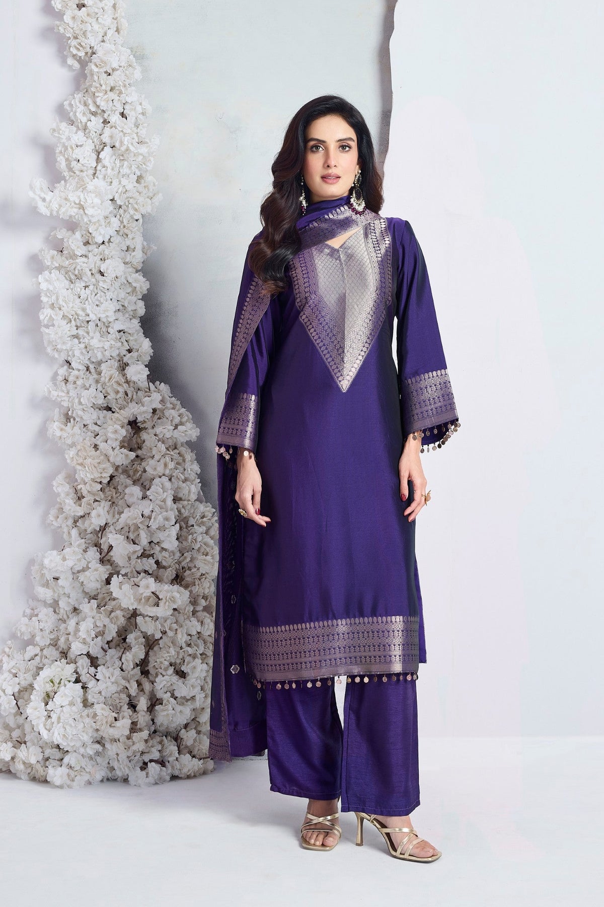 Royal Purple Embellished Viscose Silk Pant Set