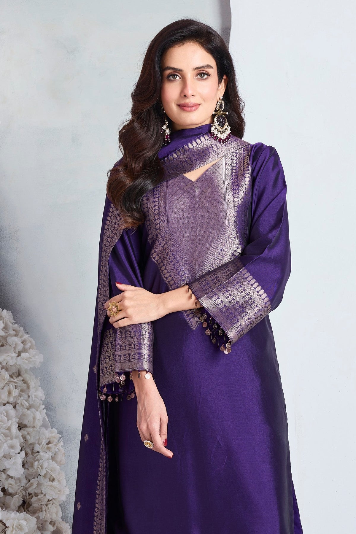 Royal Purple Embellished Viscose Silk Pant Set