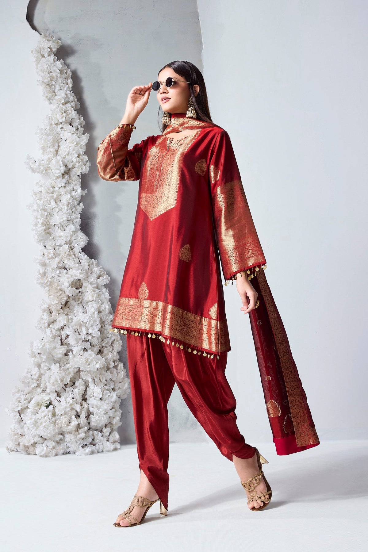 Deep Crimson Embellished Viscose Silk Dhoti Set