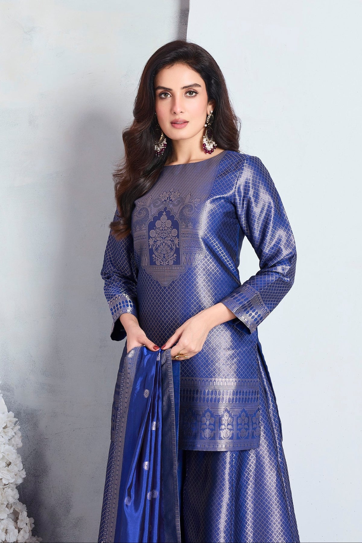 Indigo Blue Embellished Viscose Silk Palazzo Set