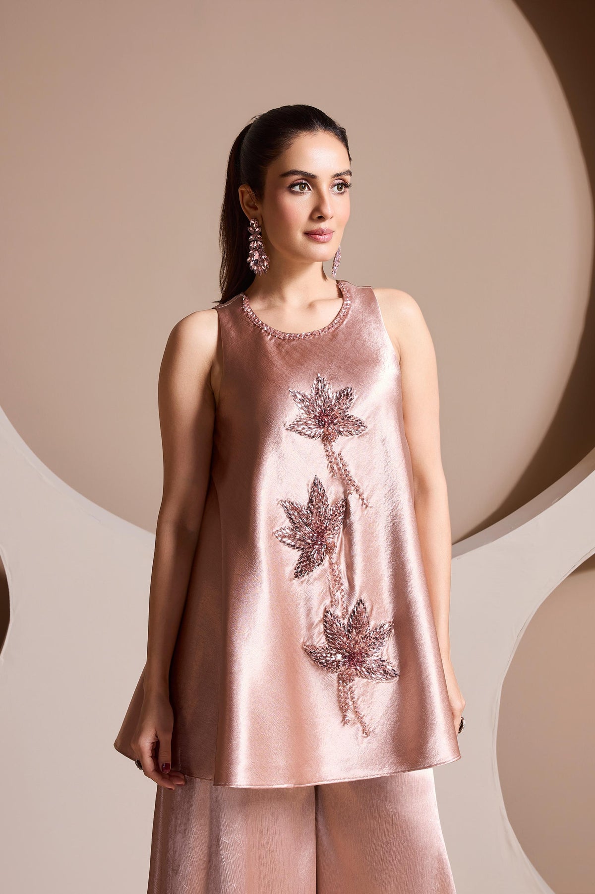 Blush Rose Embellished Satin Silk Palazzo Set
