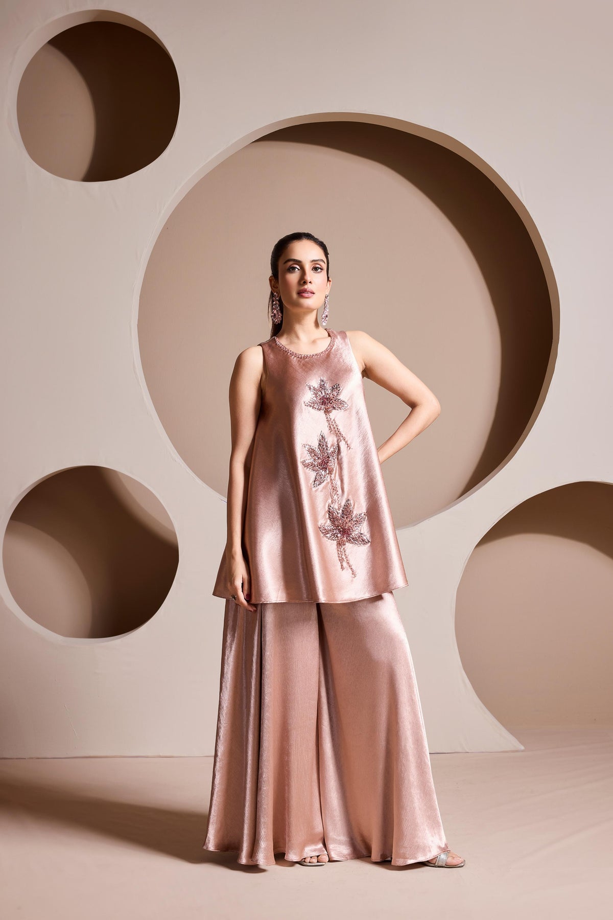 Blush Rose Embellished Satin Silk Palazzo Set