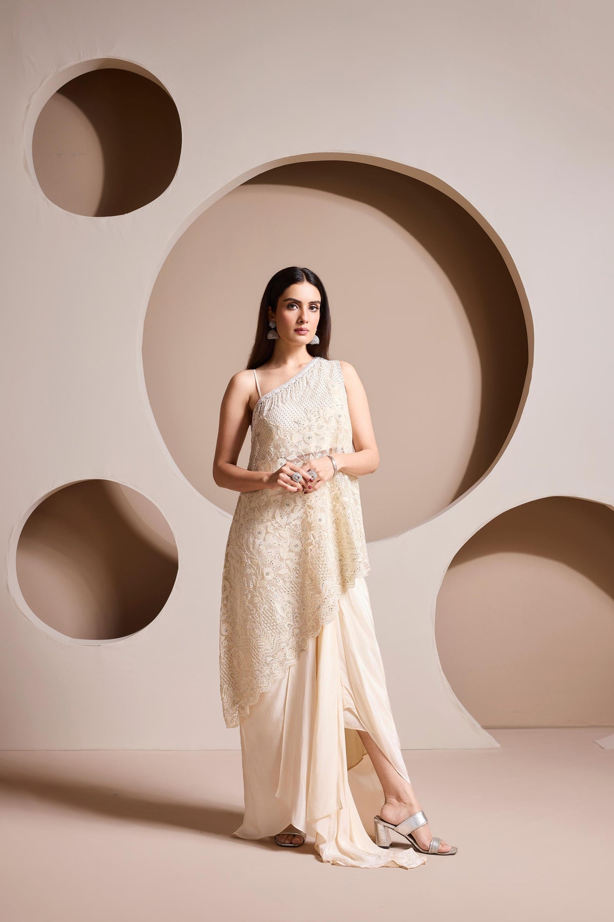 Champagne Ivory Embellished Satin Silk Skirt Set