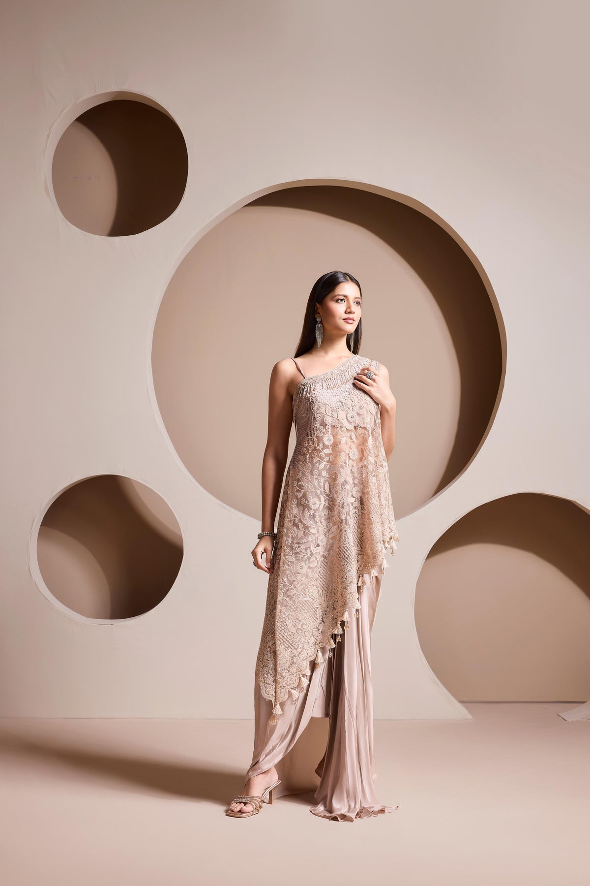 Champagne Blush Embellished Satin Silk Skirt Set