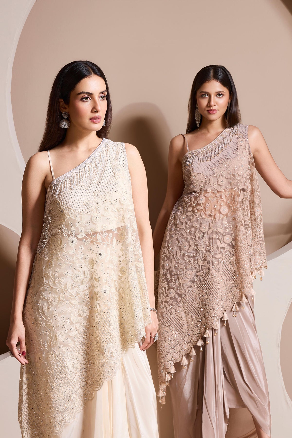 Champagne Blush Embellished Satin Silk Skirt Set
