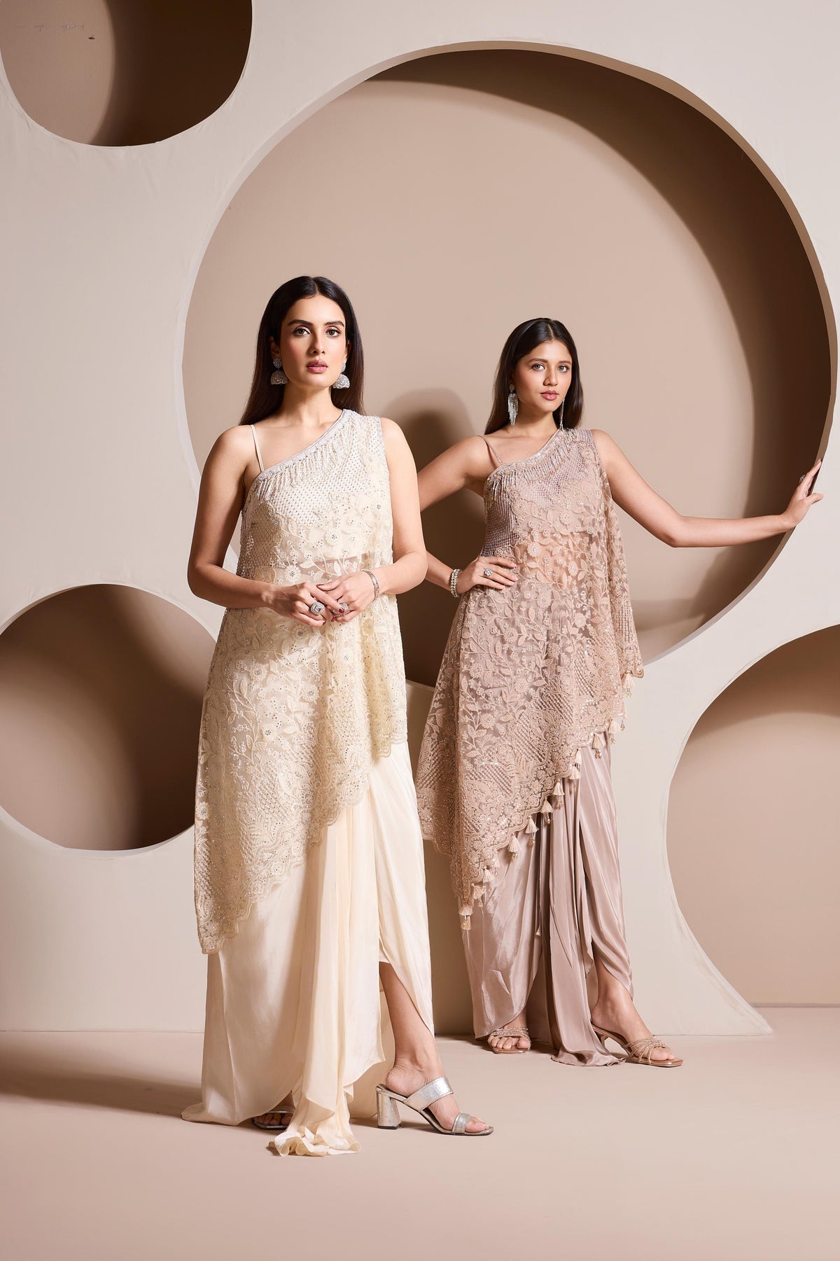 Champagne Ivory Embellished Satin Silk Skirt Set