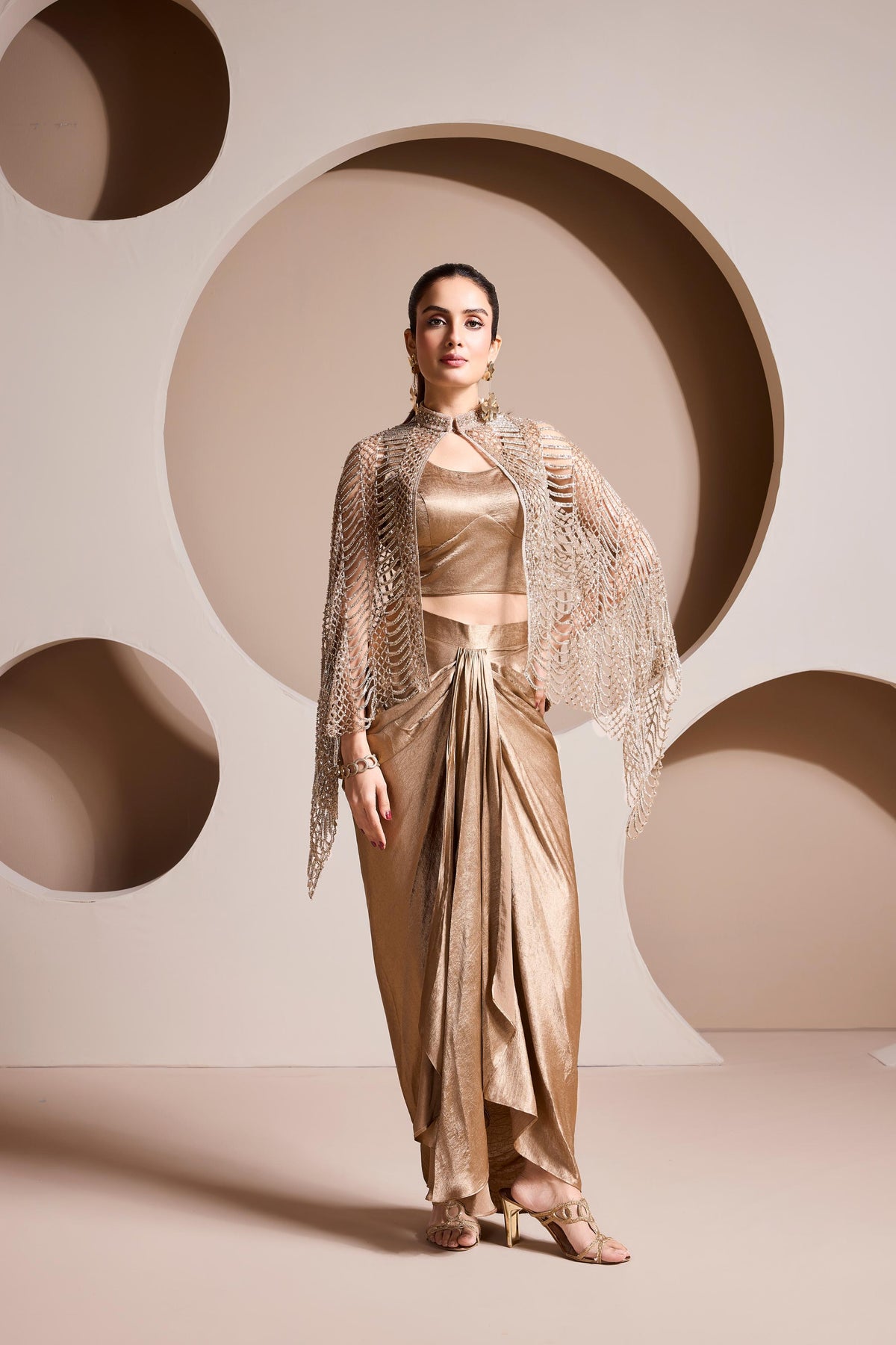 Metallic Gold Embellished Satin Silk Skirt Set