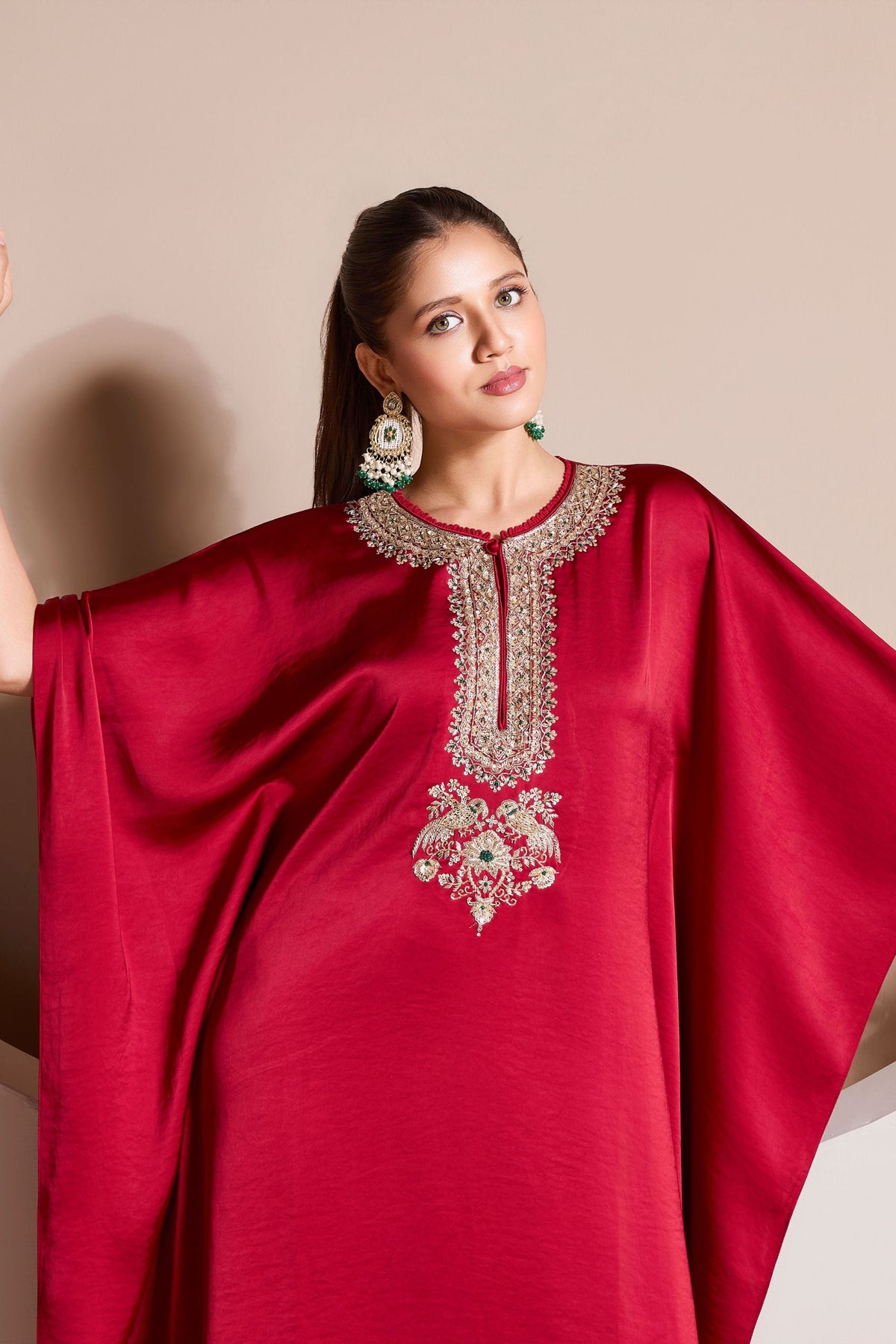 Ruby Red Embellished Premium Satin Silk Kaftan Set