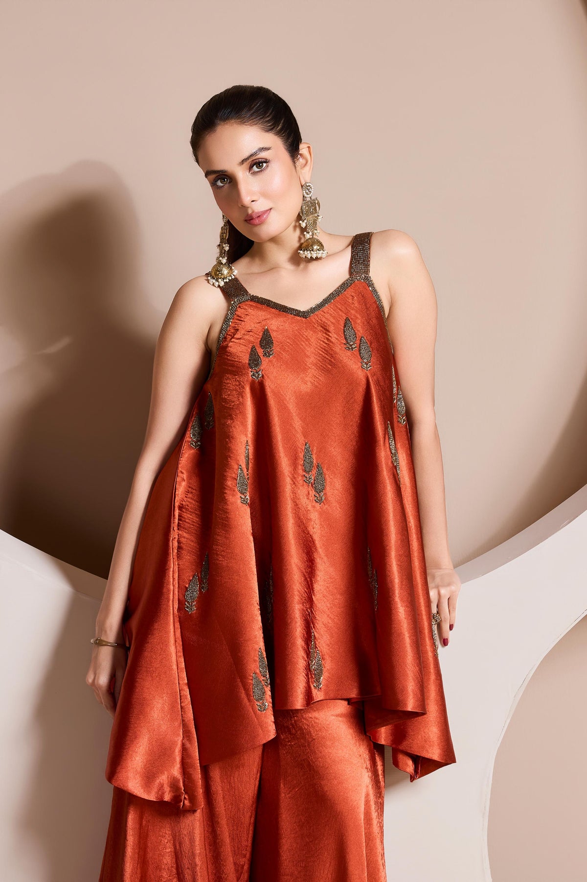 Orange Rust Embellished Crepe Satin Silk Palazzo Set