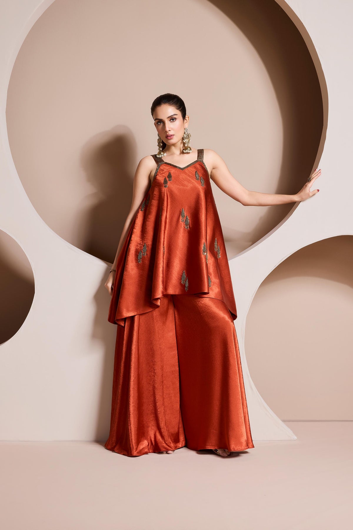 Orange Rust Embellished Crepe Satin Silk Palazzo Set