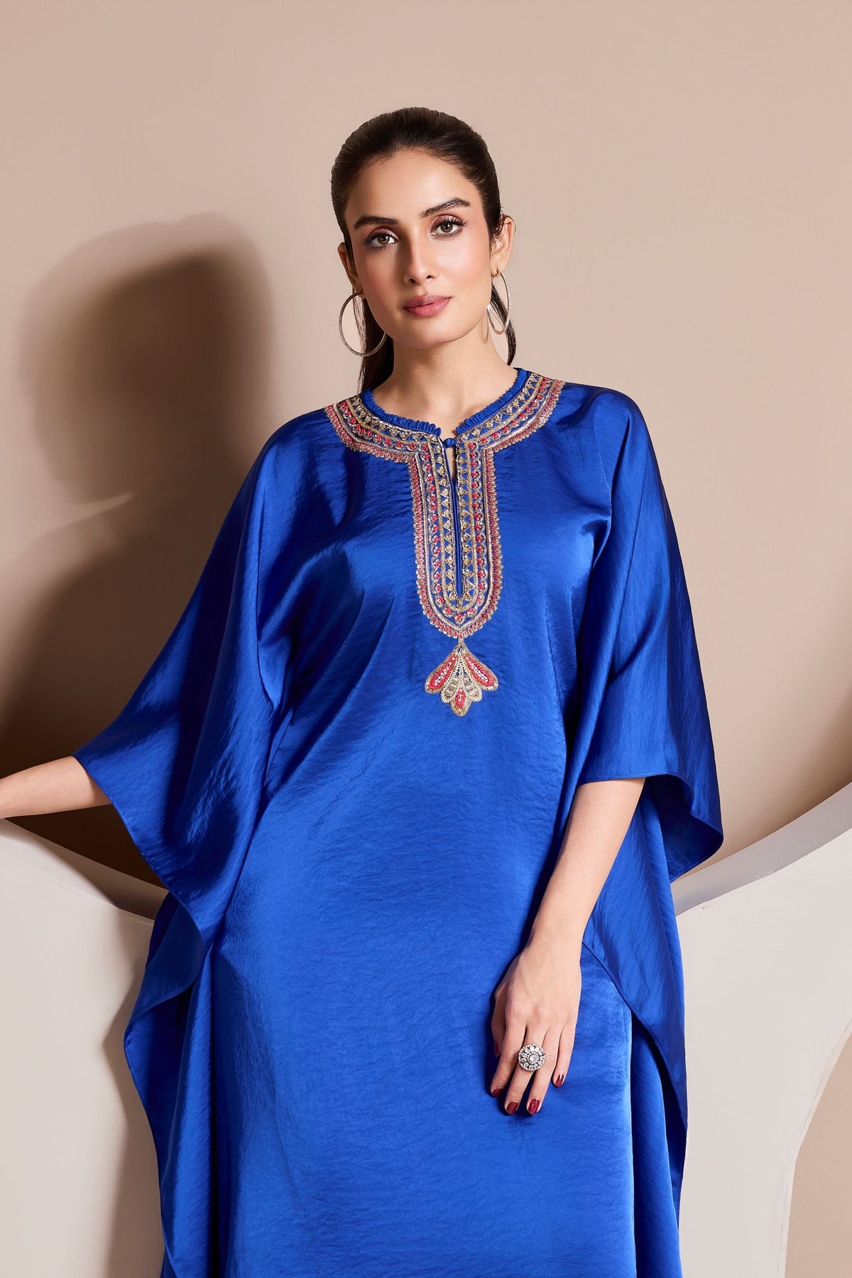 Blue Sapphire Embellished Premium Satin Silk Kaftan Set